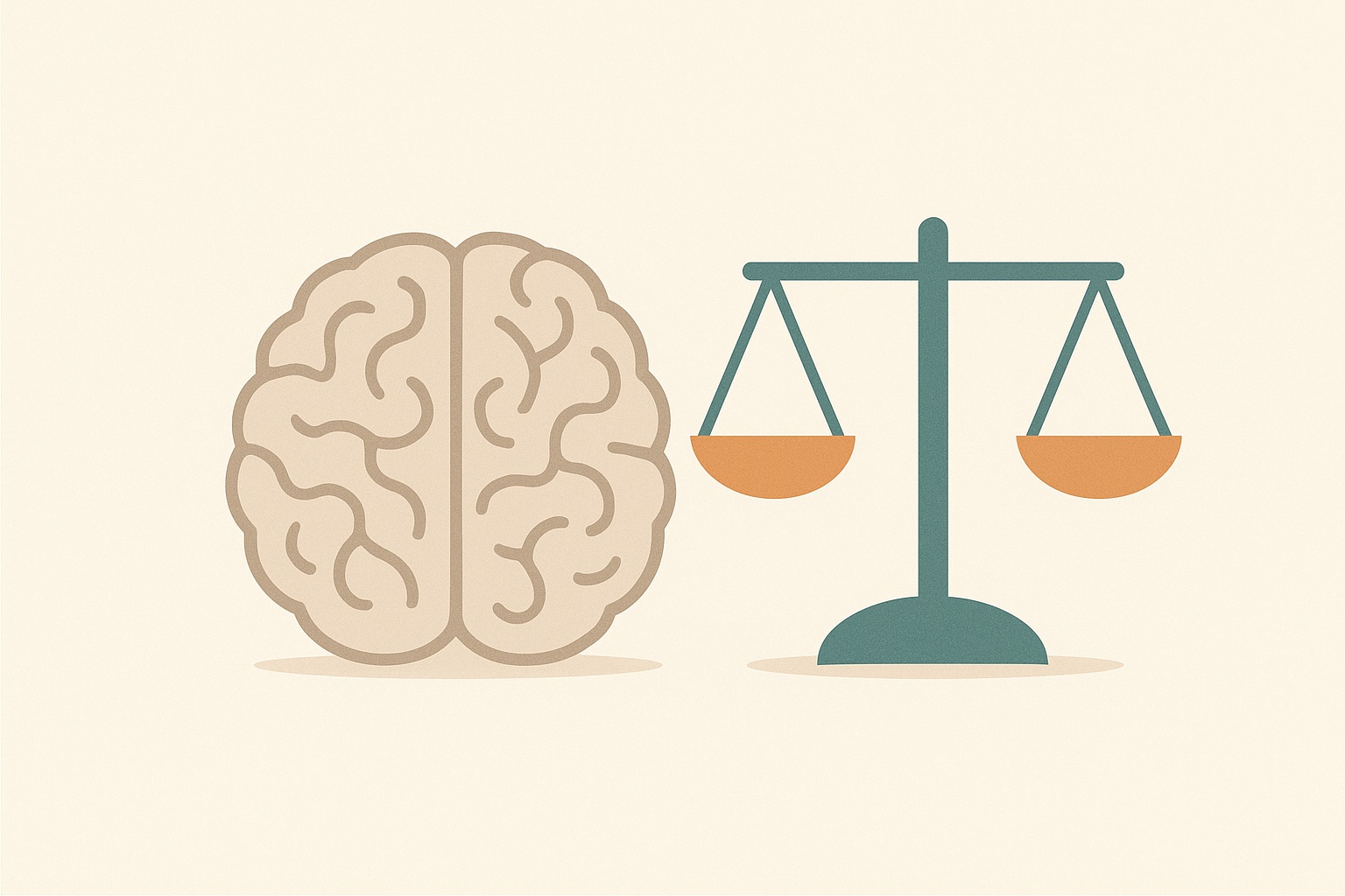 Illustration of a brain outline beside level balance scales, representing addiction as a health condition rather than a moral failing.