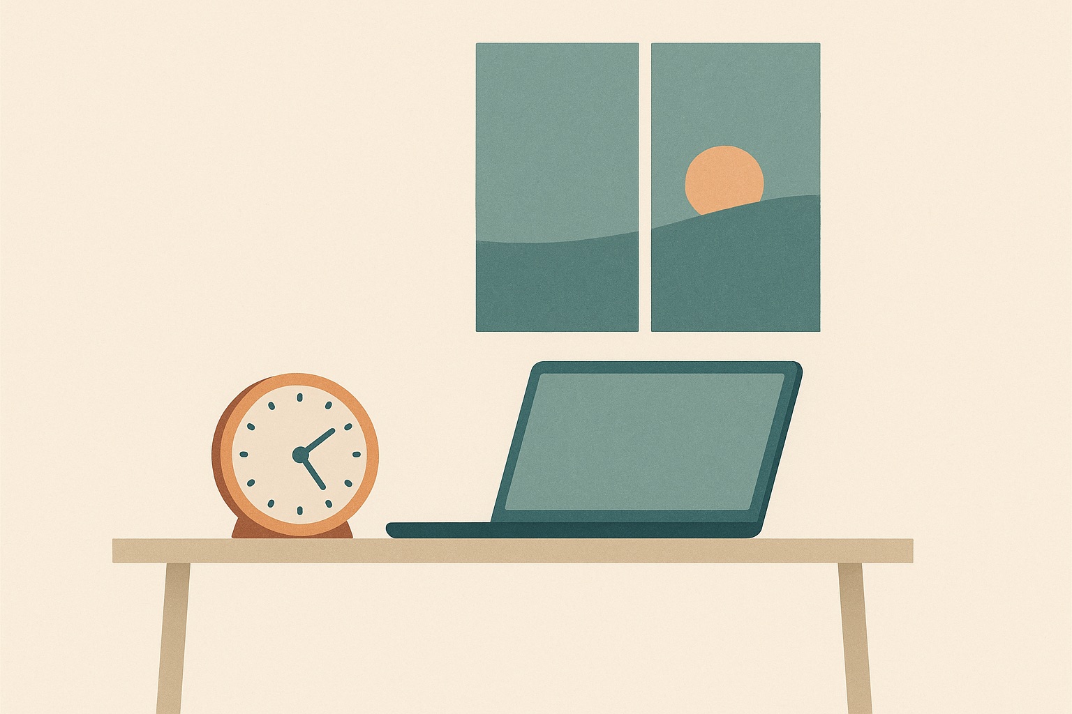 Illustration of a laptop beside a clock showing an early hour with pre-dawn light at the window, representing flexible access to online addiction therapy.