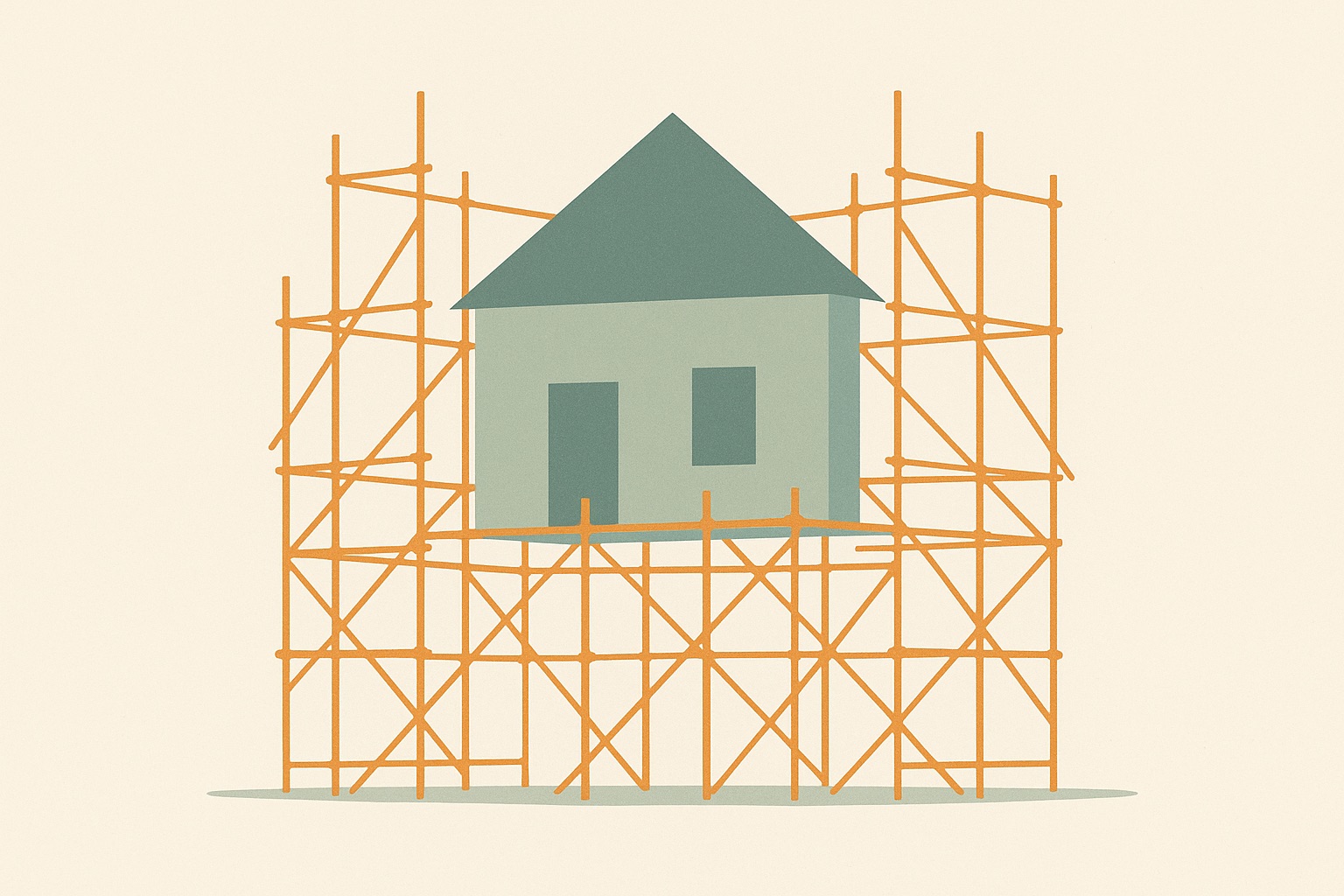 Illustration of a small house held up by elaborate scaffolding, representing the coping systems adults with ADHD build to compensate.