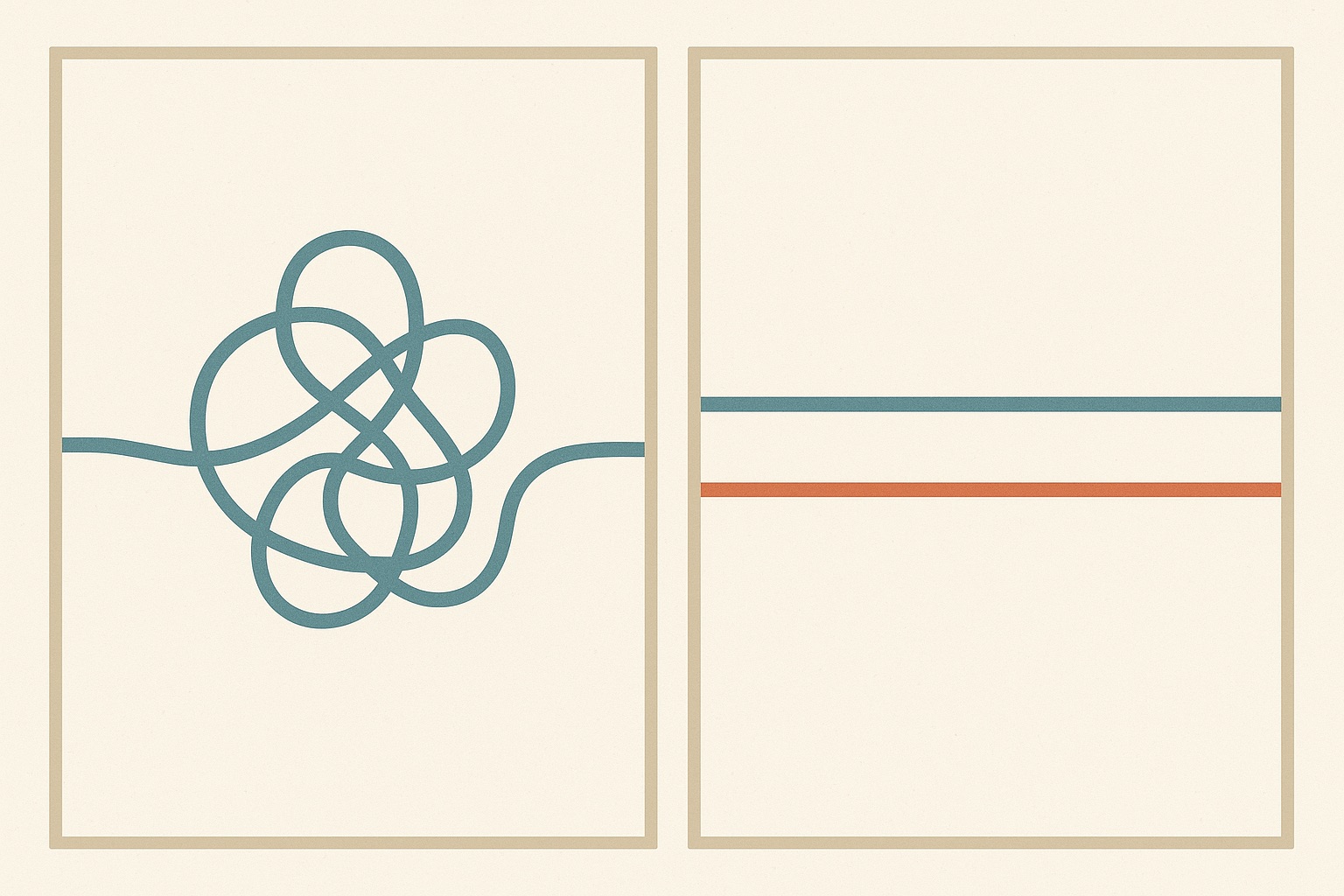 Illustration of a knotted line beside the same line running in smooth parallel tracks, representing the benefits of ADHD therapy.