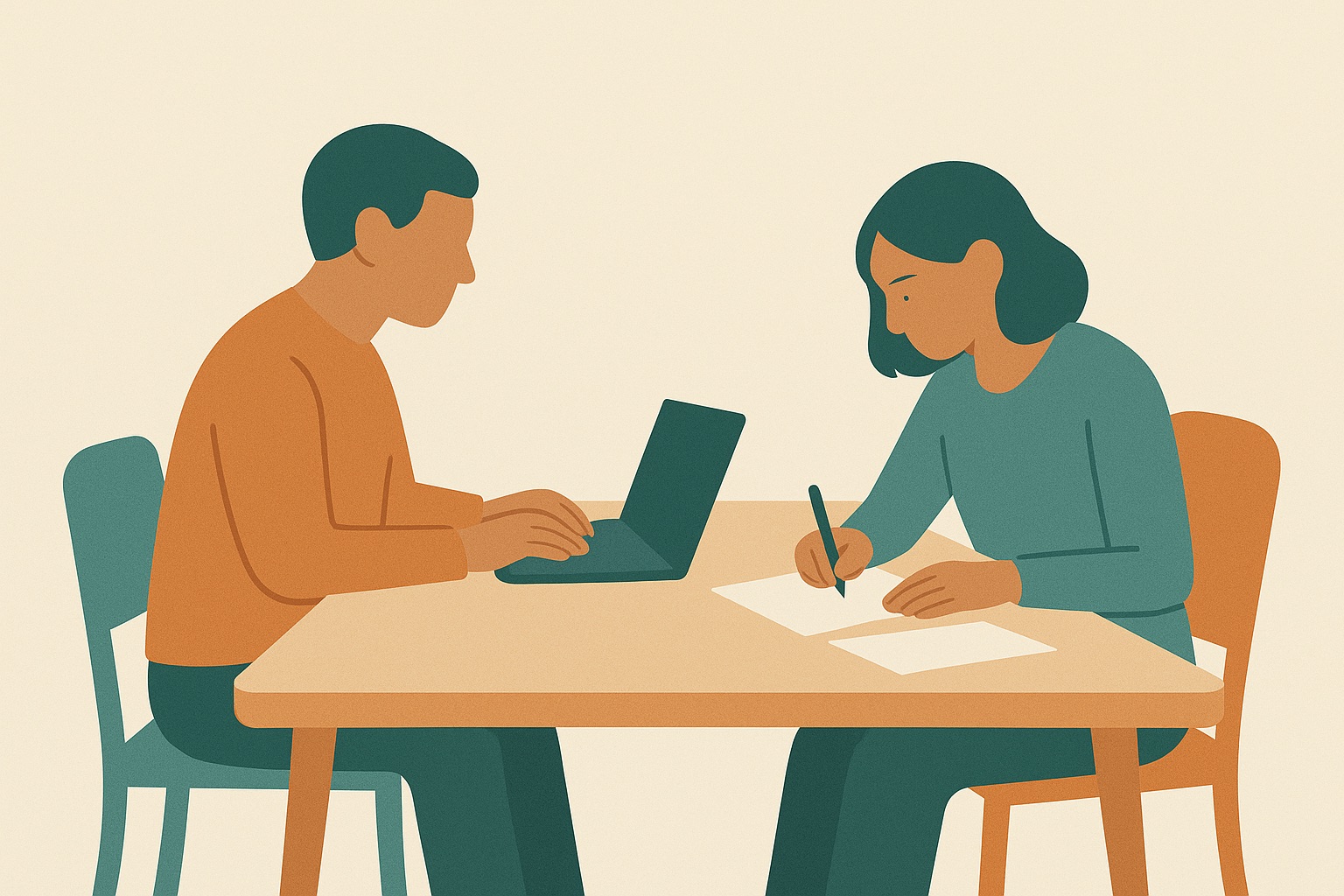 Illustration of two people working side by side at a table on separate tasks, representing body doubling as an ADHD strategy.