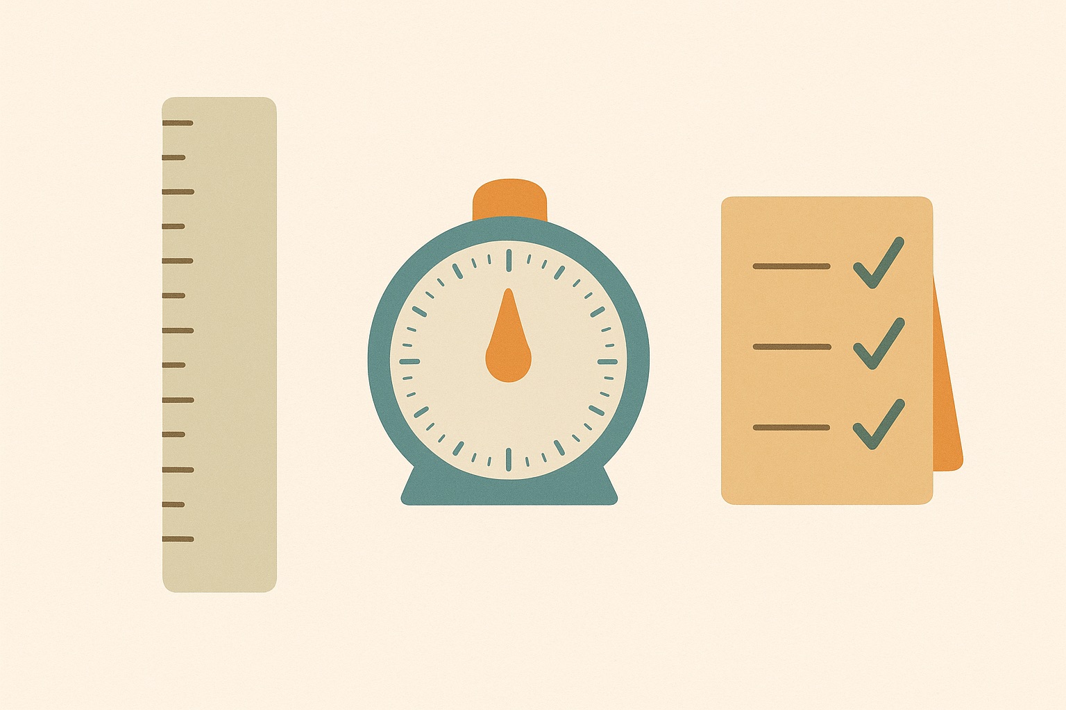 Illustration of a ruler, timer and checklist card laid side by side, representing the practical methods used in ADHD therapy.