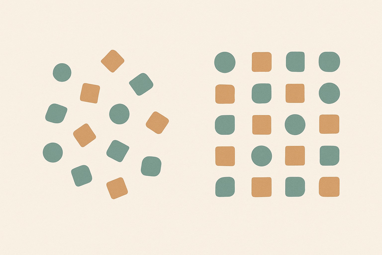 Illustration of scattered shapes organising into neat rows, representing the external structure ADHD therapy helps build.