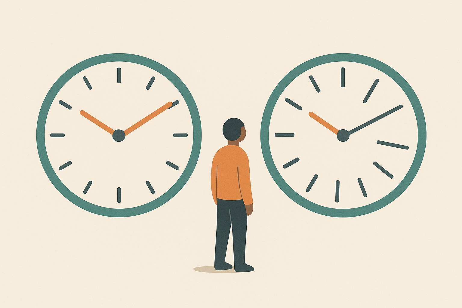 Illustration of two clocks side by side, one evenly marked and one with distorted spacing, representing time blindness in ADHD.