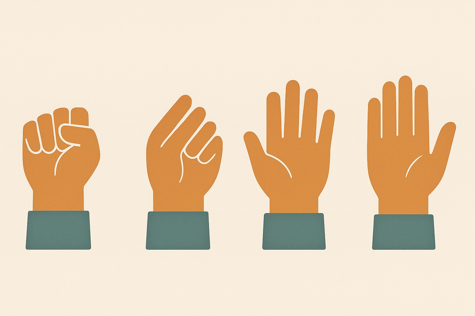 Illustration of a closed fist opening across three stages into an open palm, representing moving from anger toward asking for help.