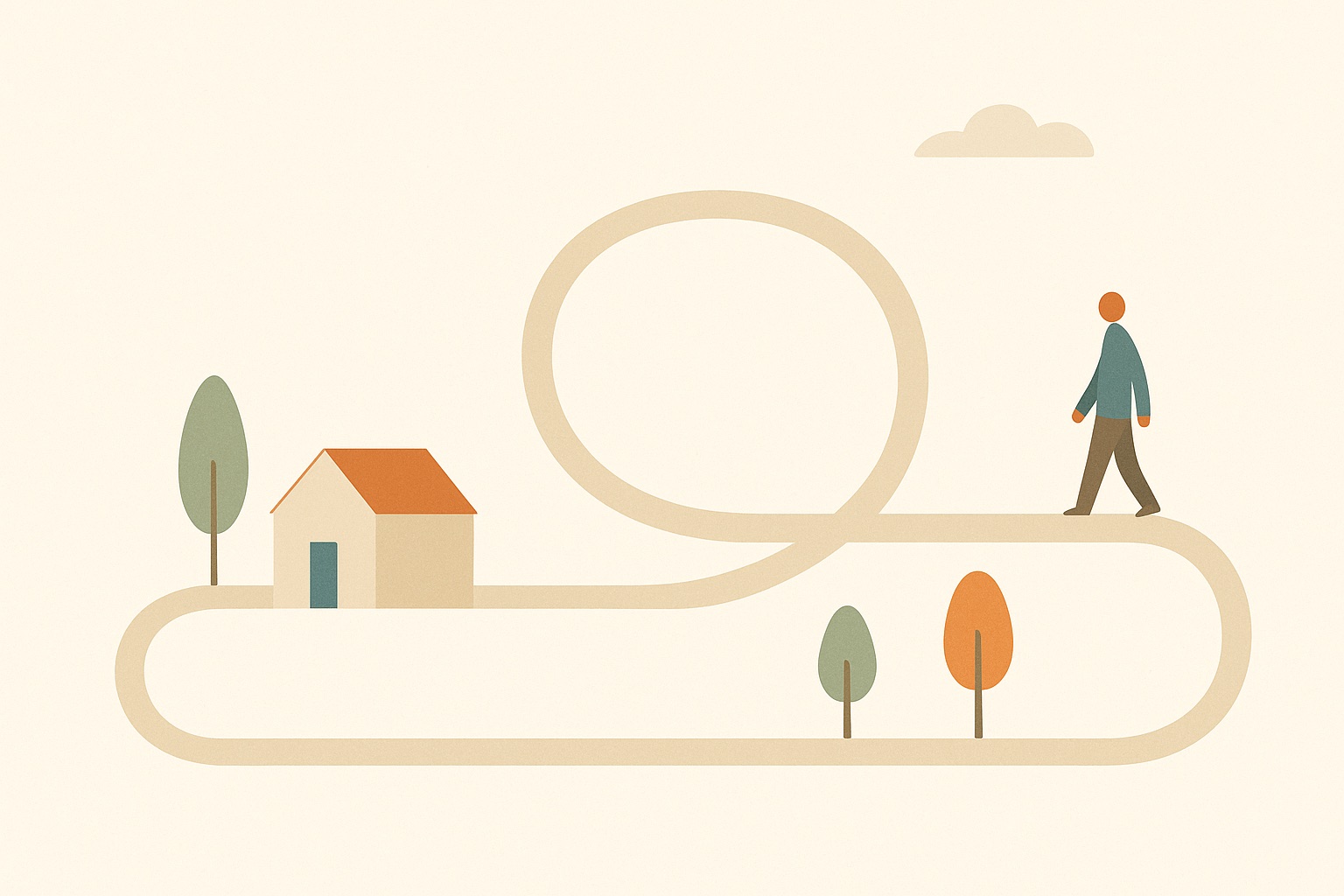 Illustration of a figure walking a looping path out from a house and back, representing walking to discharge anger.