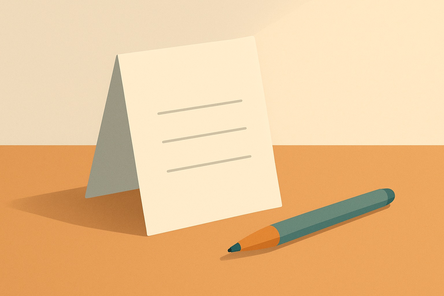 Illustration of a small folded card with blank lines standing on a table beside a pen, representing writing an agreed anger coping plan.