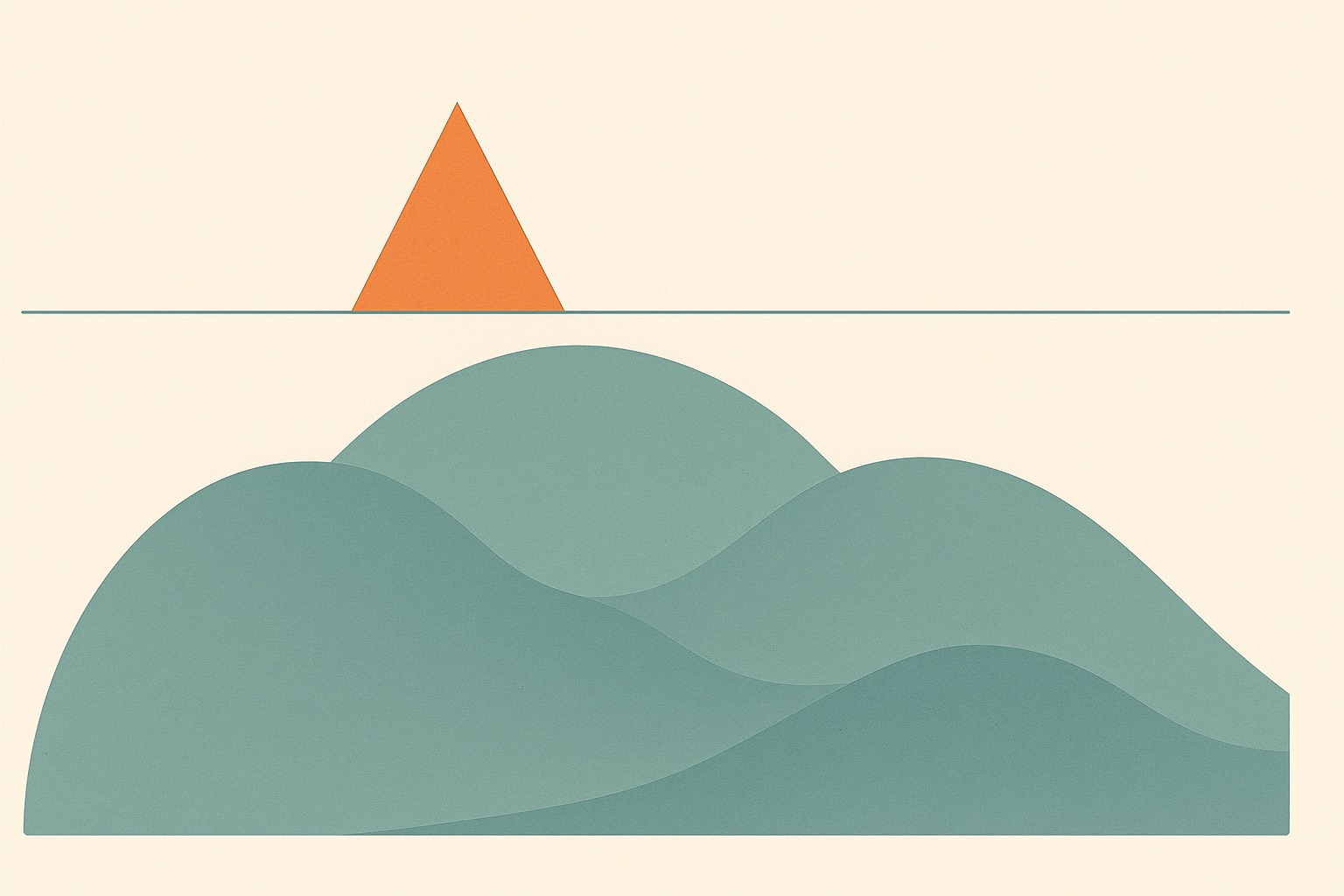 Illustration of a small sharp peak above a line with a much larger mass beneath it, representing anger as the visible part of feelings underneath.