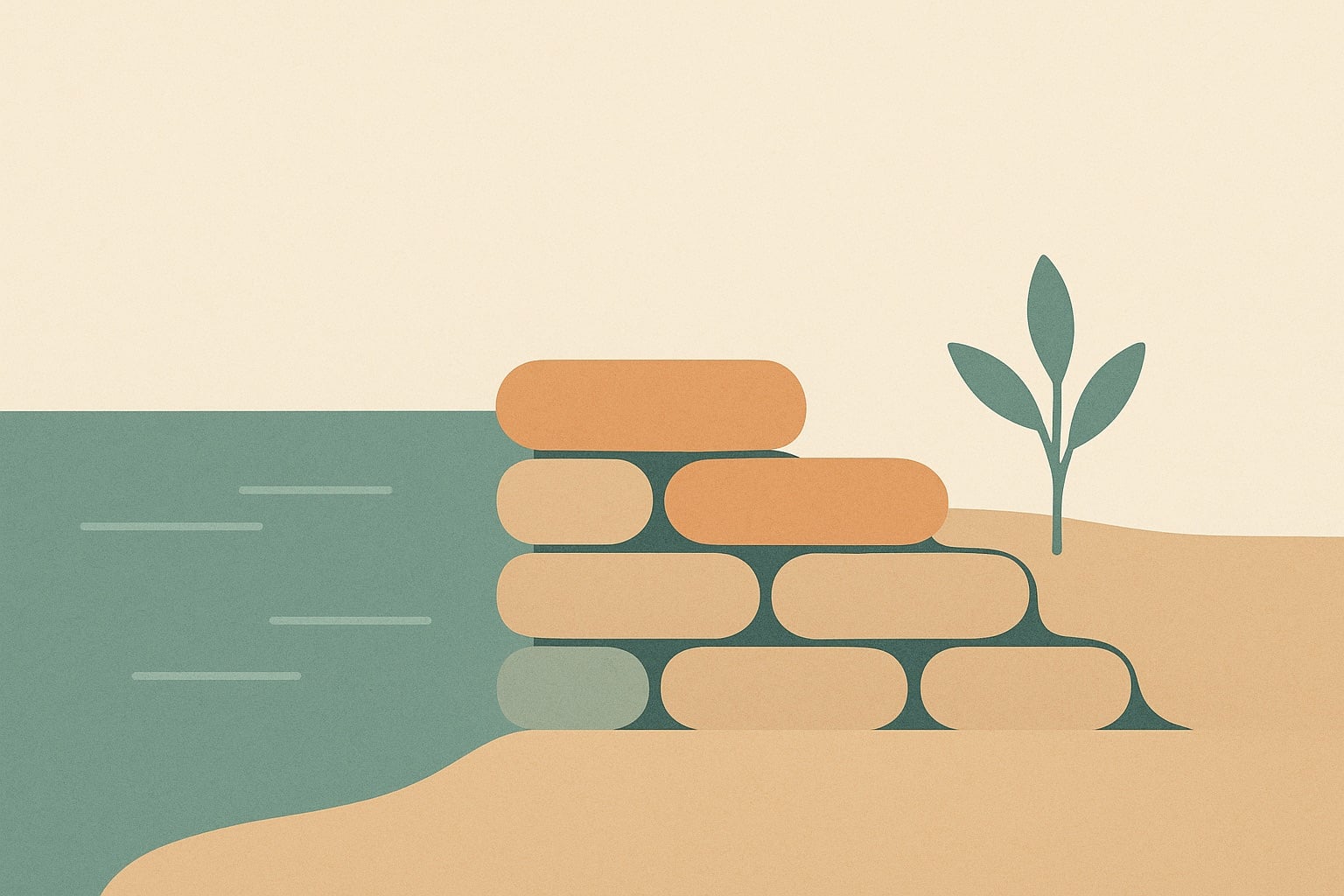 Illustration of a low stone wall holding back calm water with a plant growing on the dry side, representing keeping anger in check.