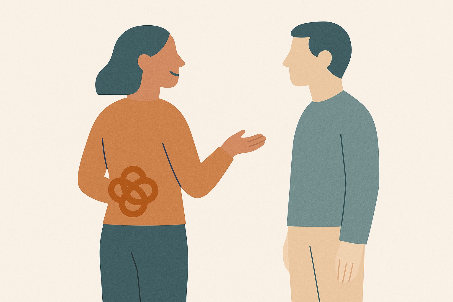 Illustration of two people talking, one with a small knot shape hidden behind their back, representing passive aggressive behaviour.