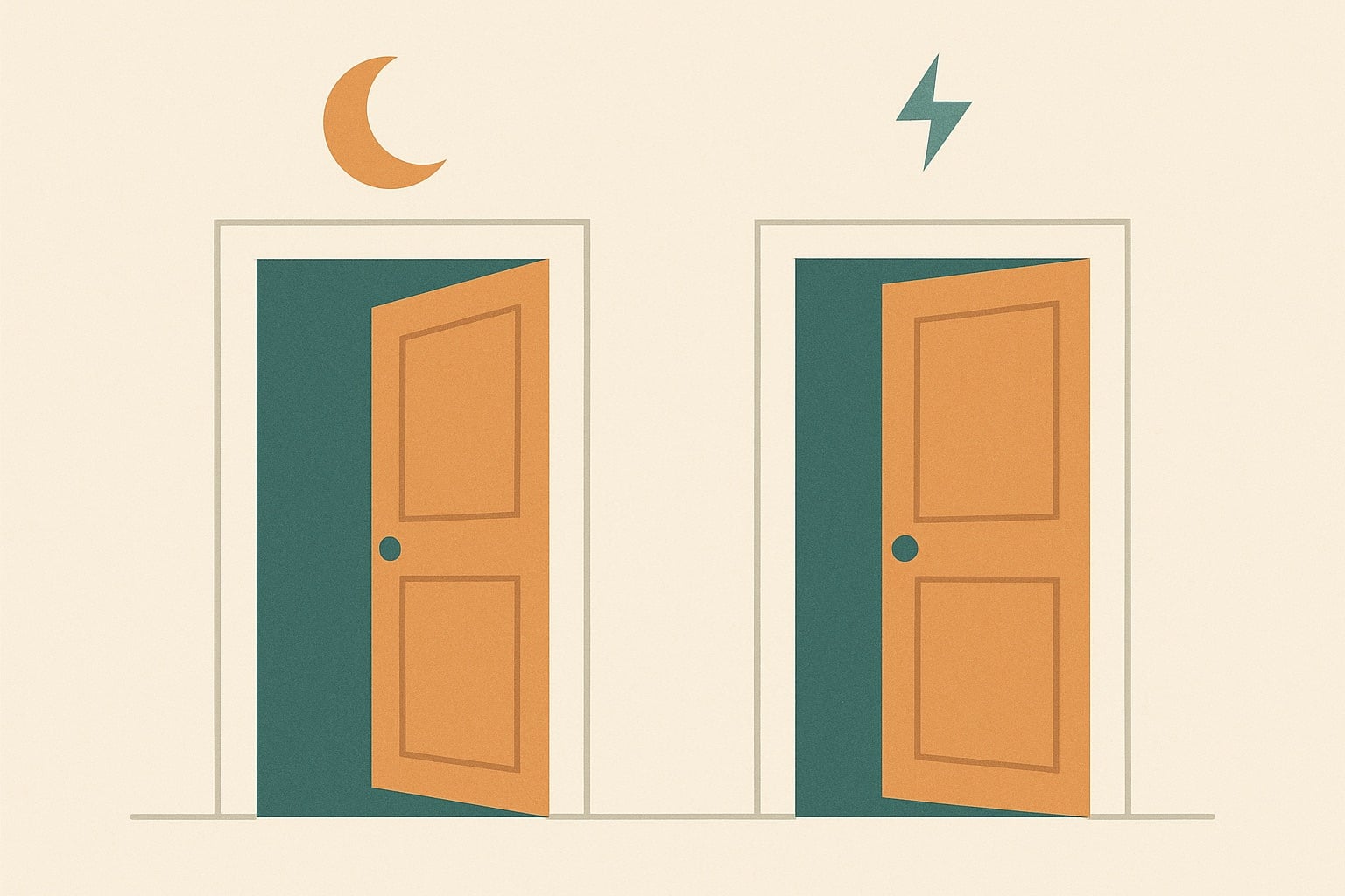 Illustration of two doorways, one wide open beneath a moon and one barely ajar, representing how poor sleep lowers the threshold for anger.