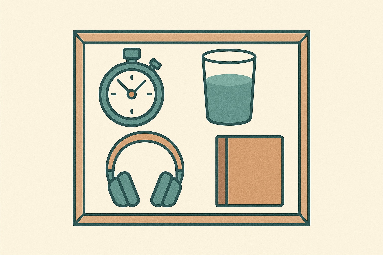Illustration of an open box holding a stopwatch, water, headphones and a notebook, representing a practical toolkit of anger management strategies.