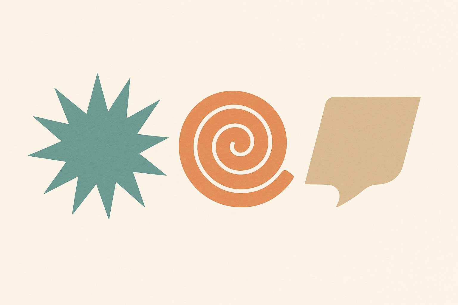 Illustration of three shapes, a jagged burst, a coiled spiral and a flat shape with a hidden barb, representing outward, inward and passive-aggressive anger.
