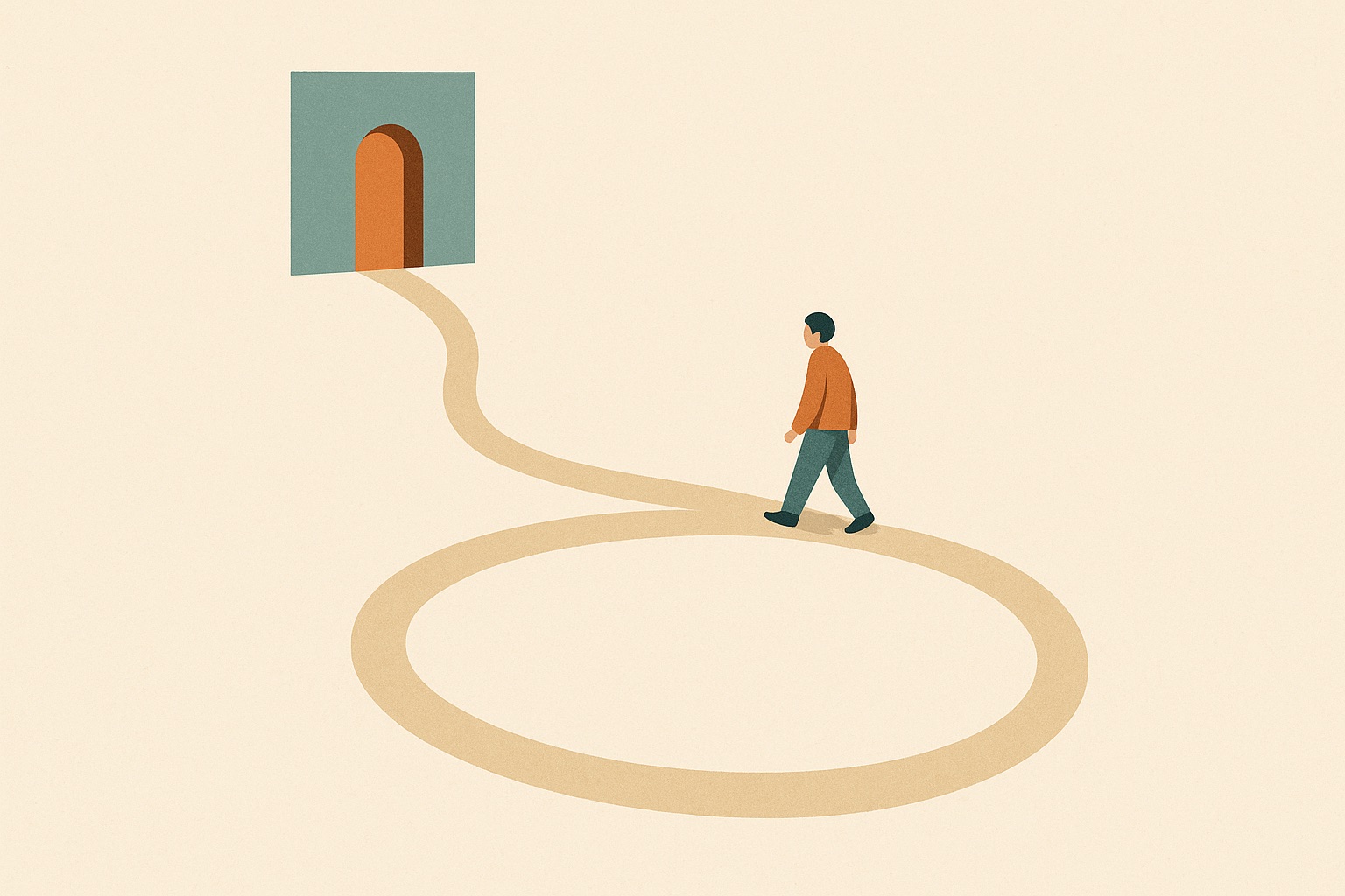 Illustration of a path curving away from a doorway into a looping detour, representing the avoidance behaviour that maintains anxiety.