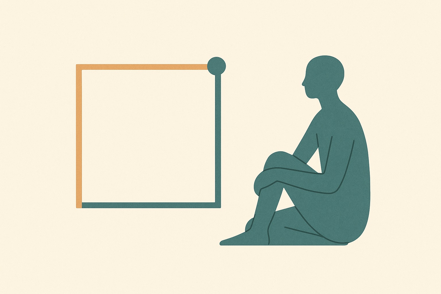 Illustration of a square path with a dot travelling along one edge beside a seated figure, representing box breathing for anxiety.