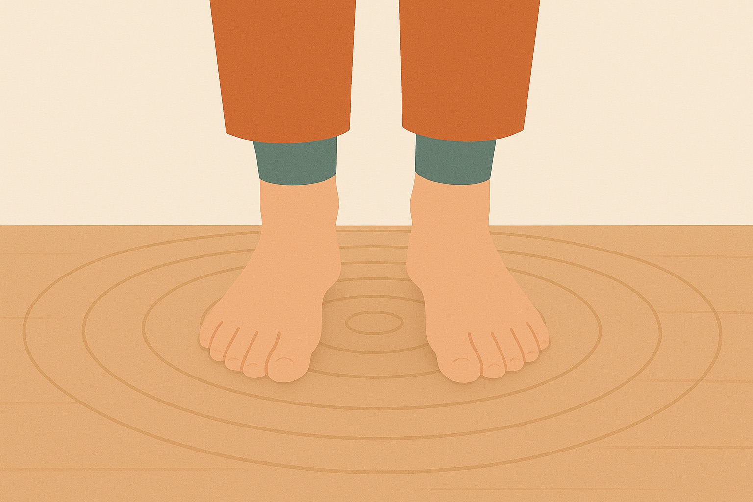 Illustration of two feet pressed firmly into a floor with rings radiating outward, representing physical grounding during high anxiety.