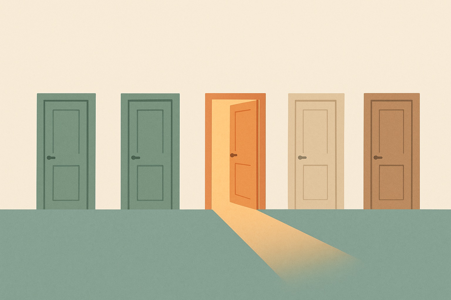 Illustration of five identical doorways with one standing open to warm light, representing the search for the right anxiety therapist.