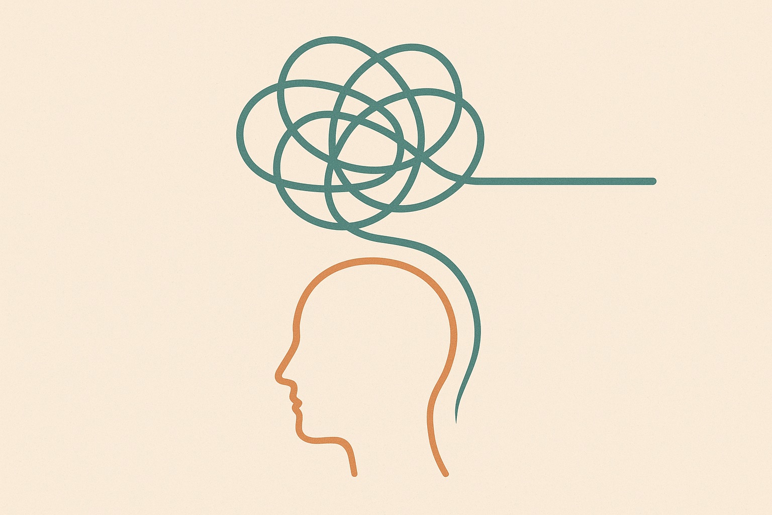 Illustration of a tangled looping line above a head in profile that straightens out at one end, representing repetitive worry easing with treatment.