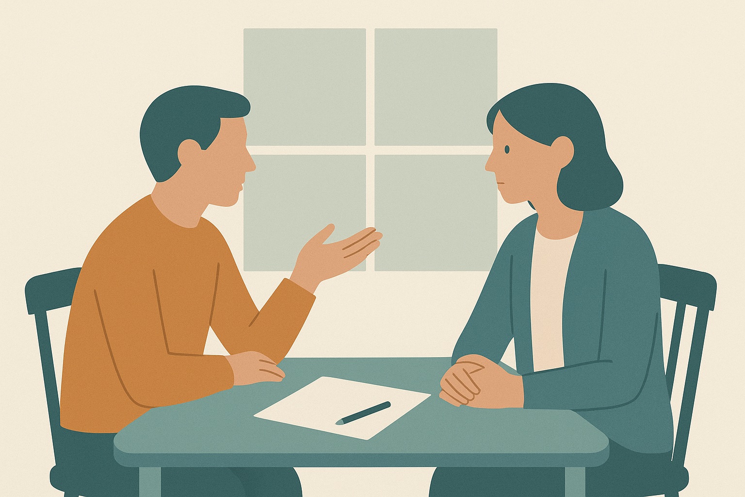 Illustration of two people at a kitchen table writing a plan together, representing a family agreeing early warning signs for bipolar disorder while things are stable.