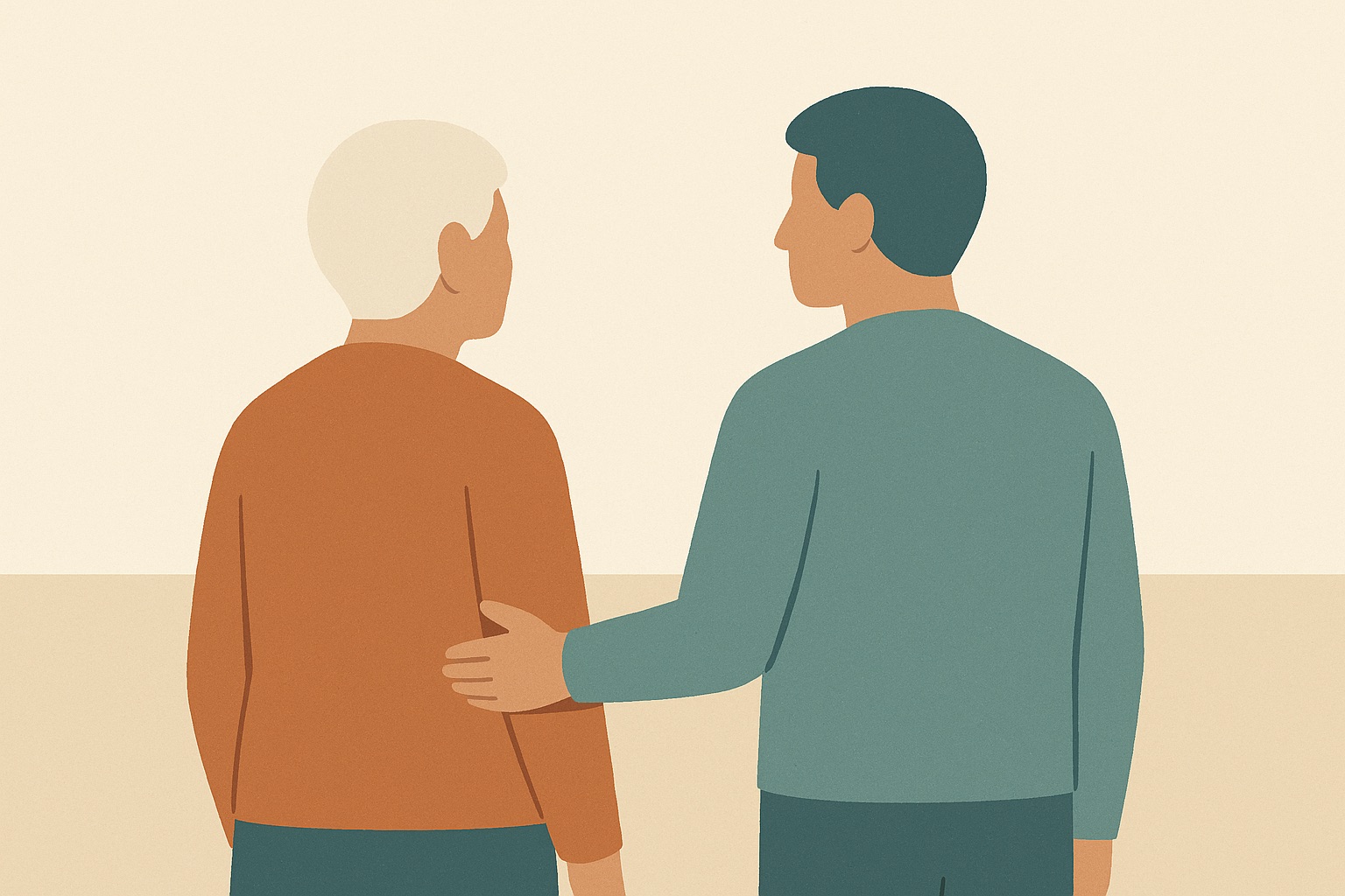Illustration of two people standing side by side facing the same direction with a steadying hand, representing supporting someone through a bipolar episode.
