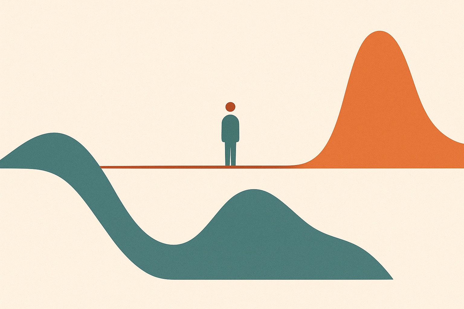Illustration of a wave rising to a crest and falling to a trough with a figure standing on the level midline, representing the elevated and depressive poles of bipolar disorder.