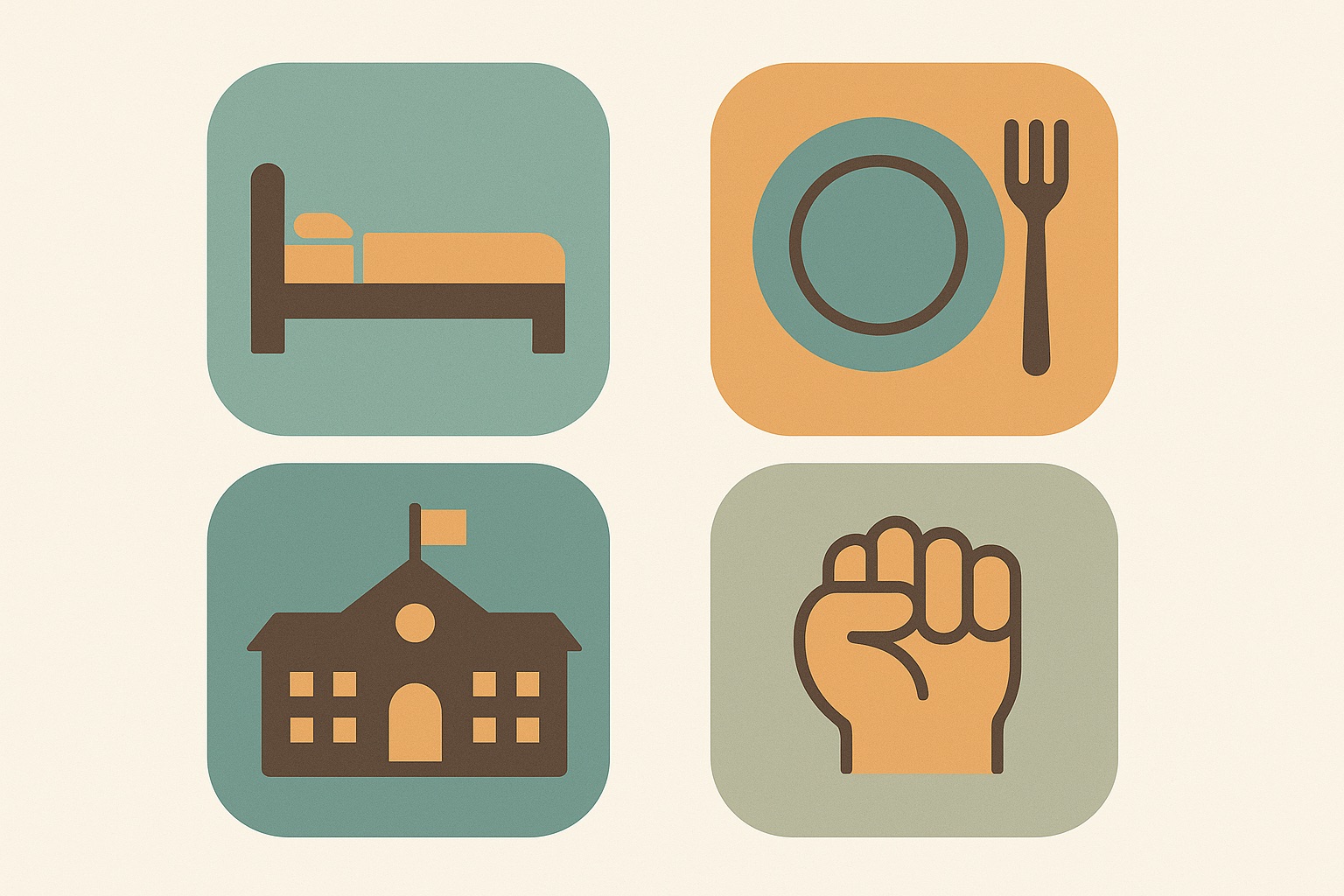 Illustration of four framed glyphs showing a bed, a plate, a school and a clenched shape, representing where stress shows up in children.
