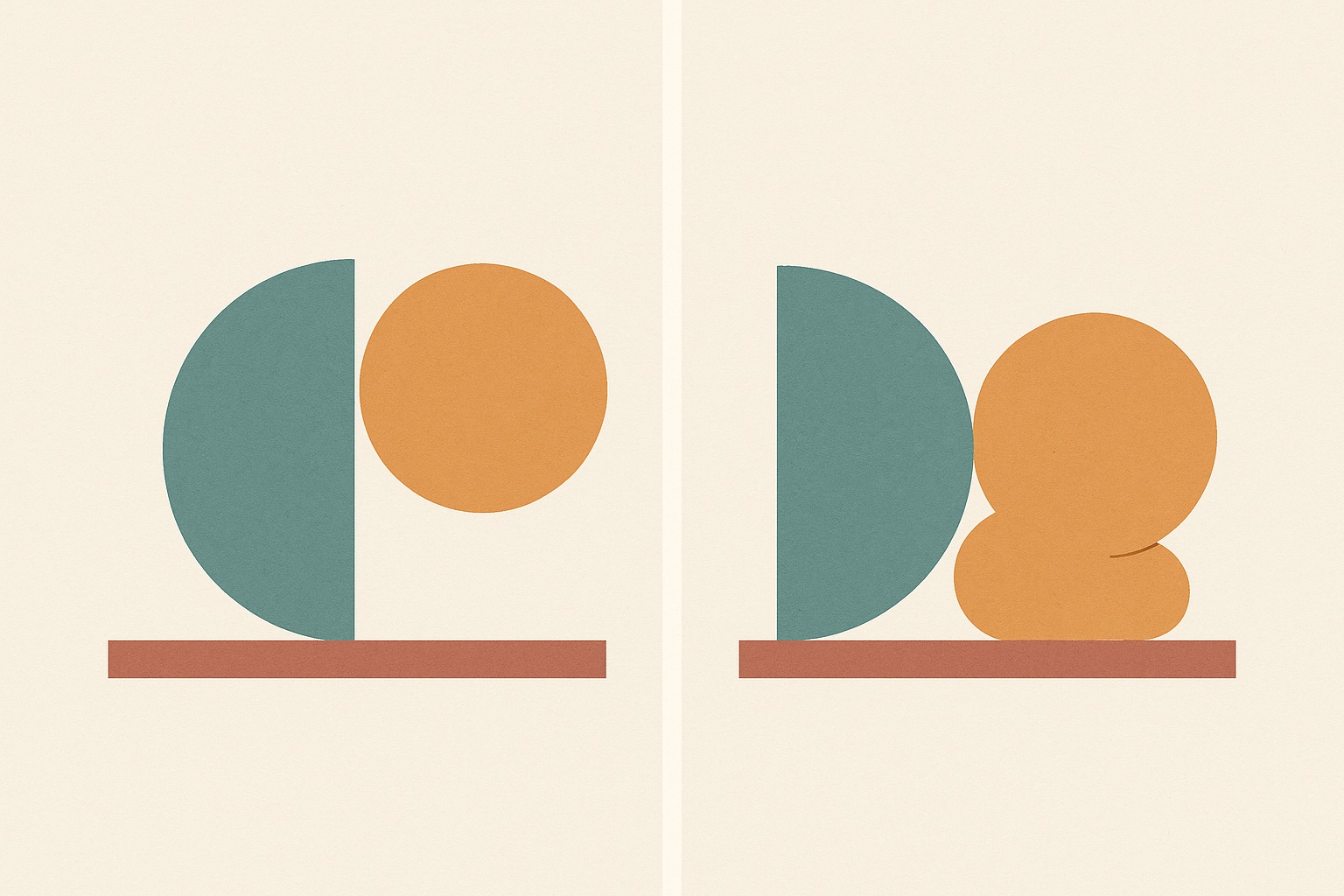 Illustration comparing two shapes pressing together while holding form against one shape deforming the other, representing healthy versus unhealthy conflict.