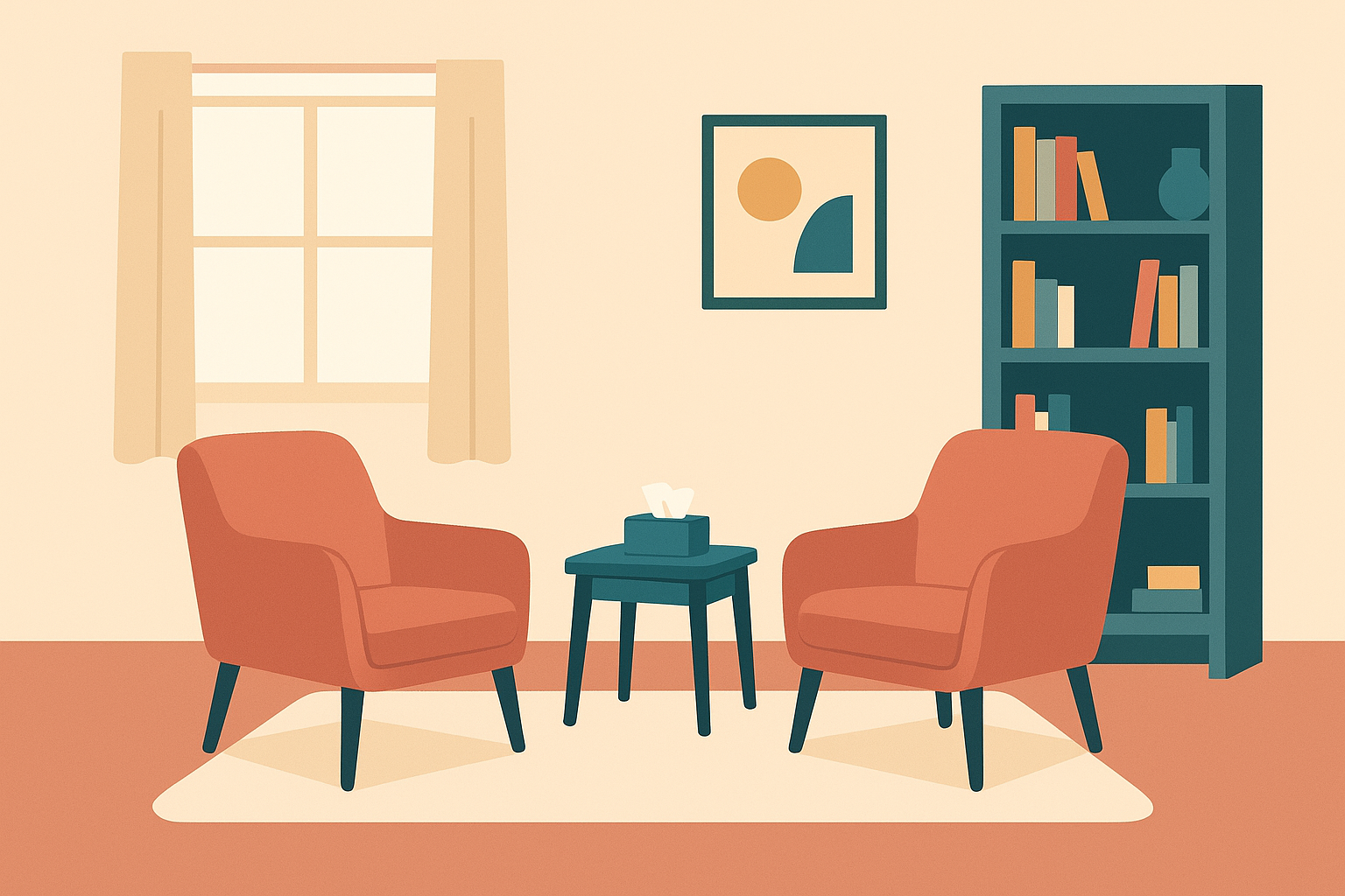 Illustration of a calm therapy consulting room with two facing armchairs, a bookshelf and a window.