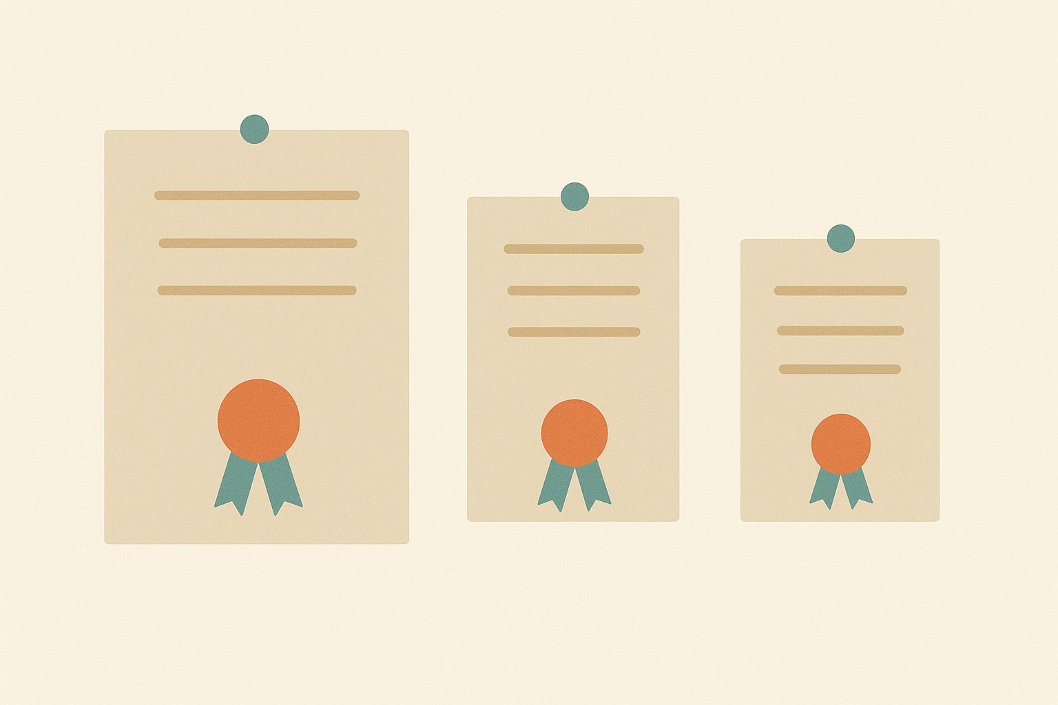 Illustration of three certificates of differing widths with seals, representing the different licences mental health counselors hold.