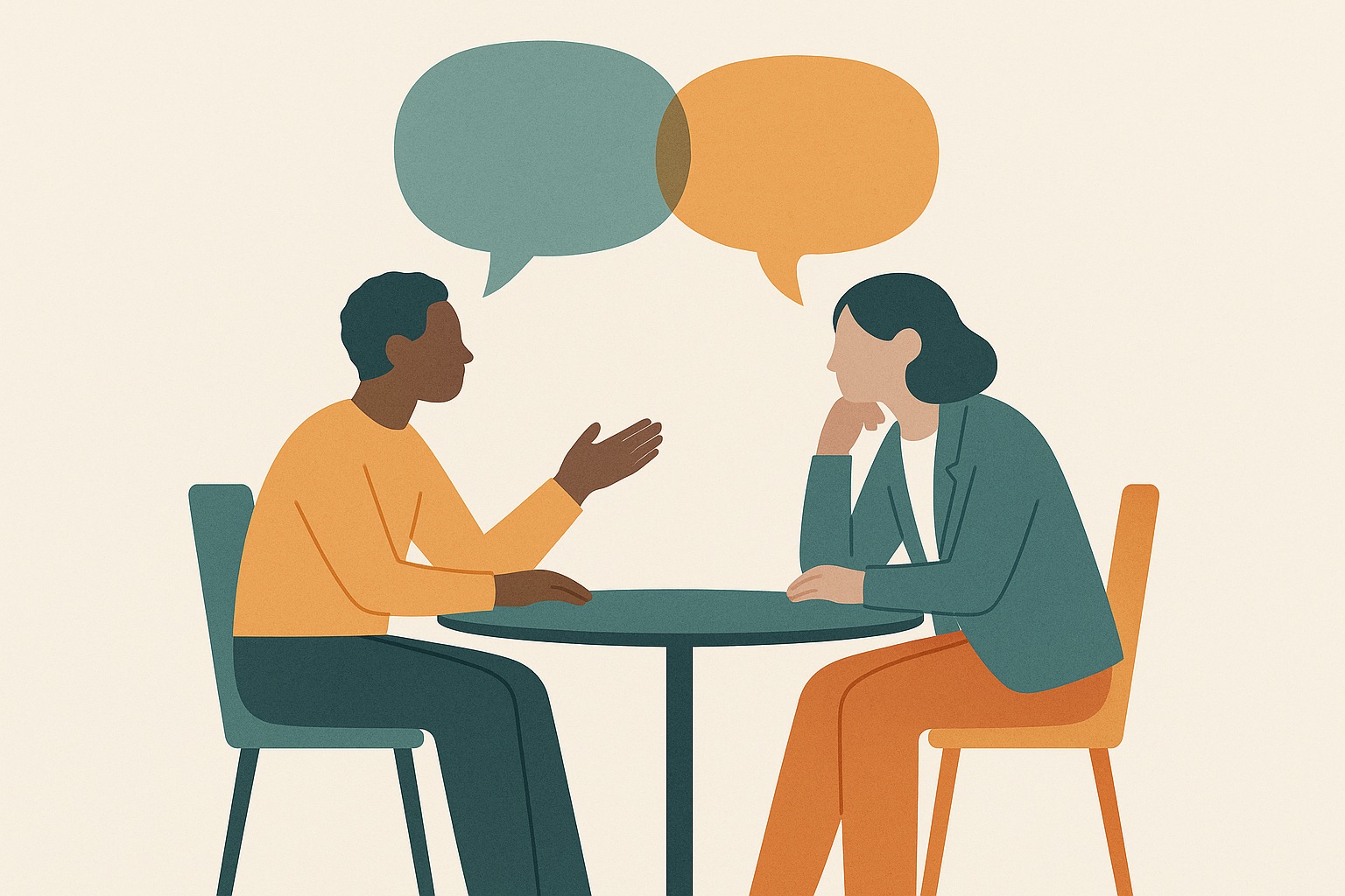 Illustration of two people facing each other in conversation with overlapping speech shapes above them, representing communication work in couples counseling.