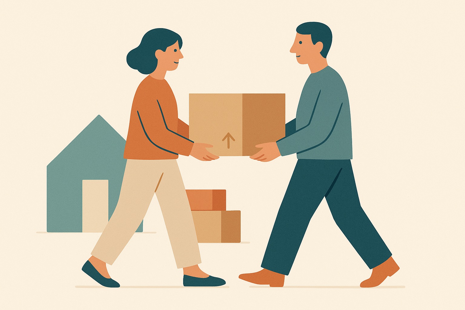 Illustration of two people carrying a moving box together, representing a couple adapting to a significant life change.