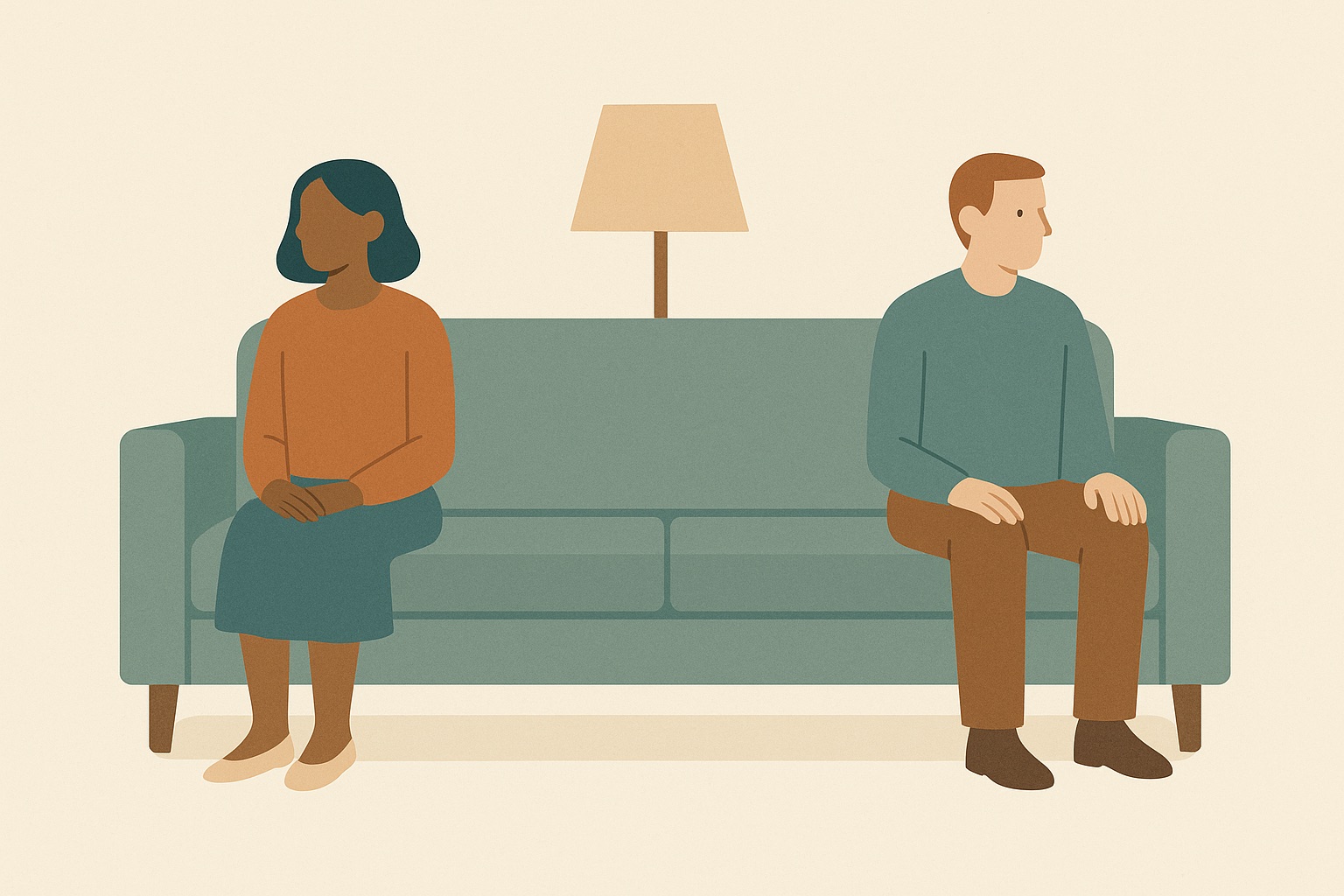 Illustration of two people sitting at opposite ends of a sofa with a gap between them, representing emotional distance in a relationship.