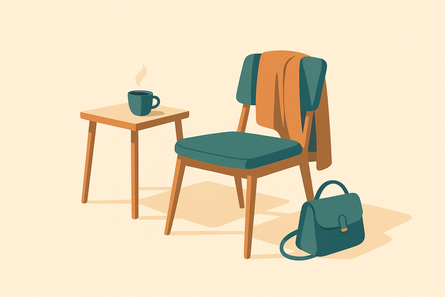 Illustration of a chair with a coat still on it and an untouched cup nearby, representing caregiver exhaustion.