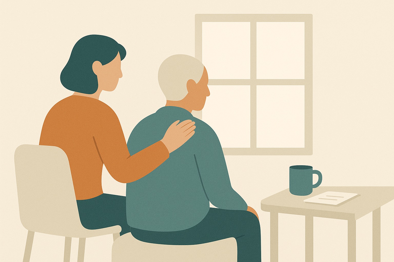 Illustration of a person sitting with an older relative by a window, a hand resting on their shoulder, representing family support through dementia.