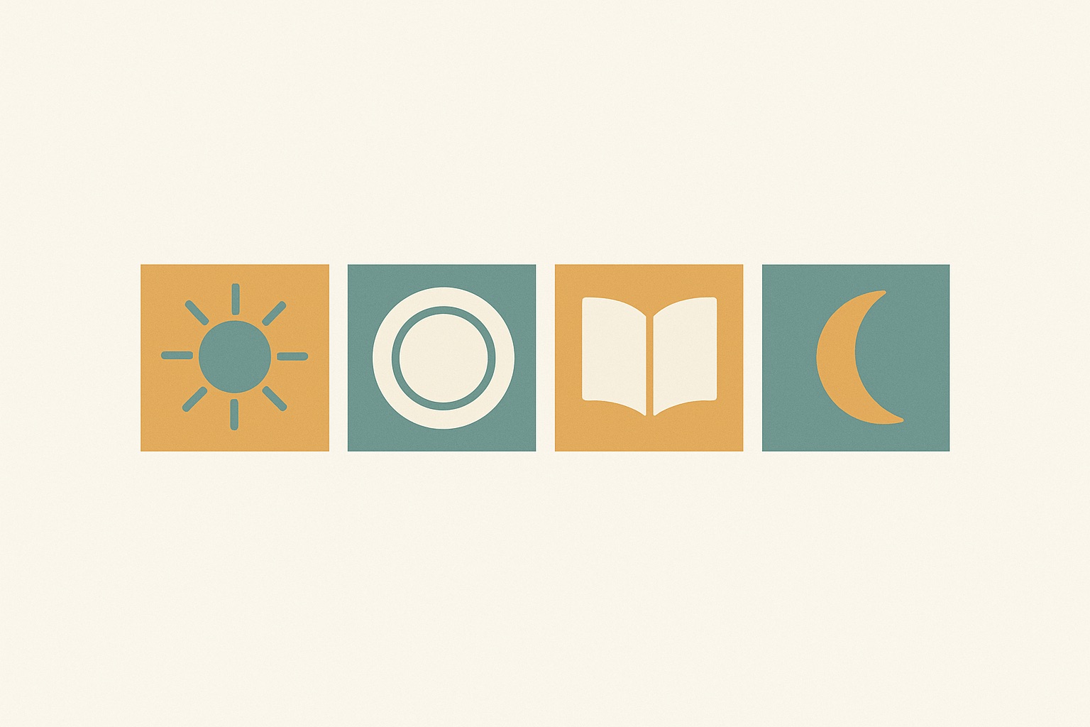 Illustration of a day divided into four parts marked by a sun, a plate, a book and a moon, representing predictable routine in dementia care.