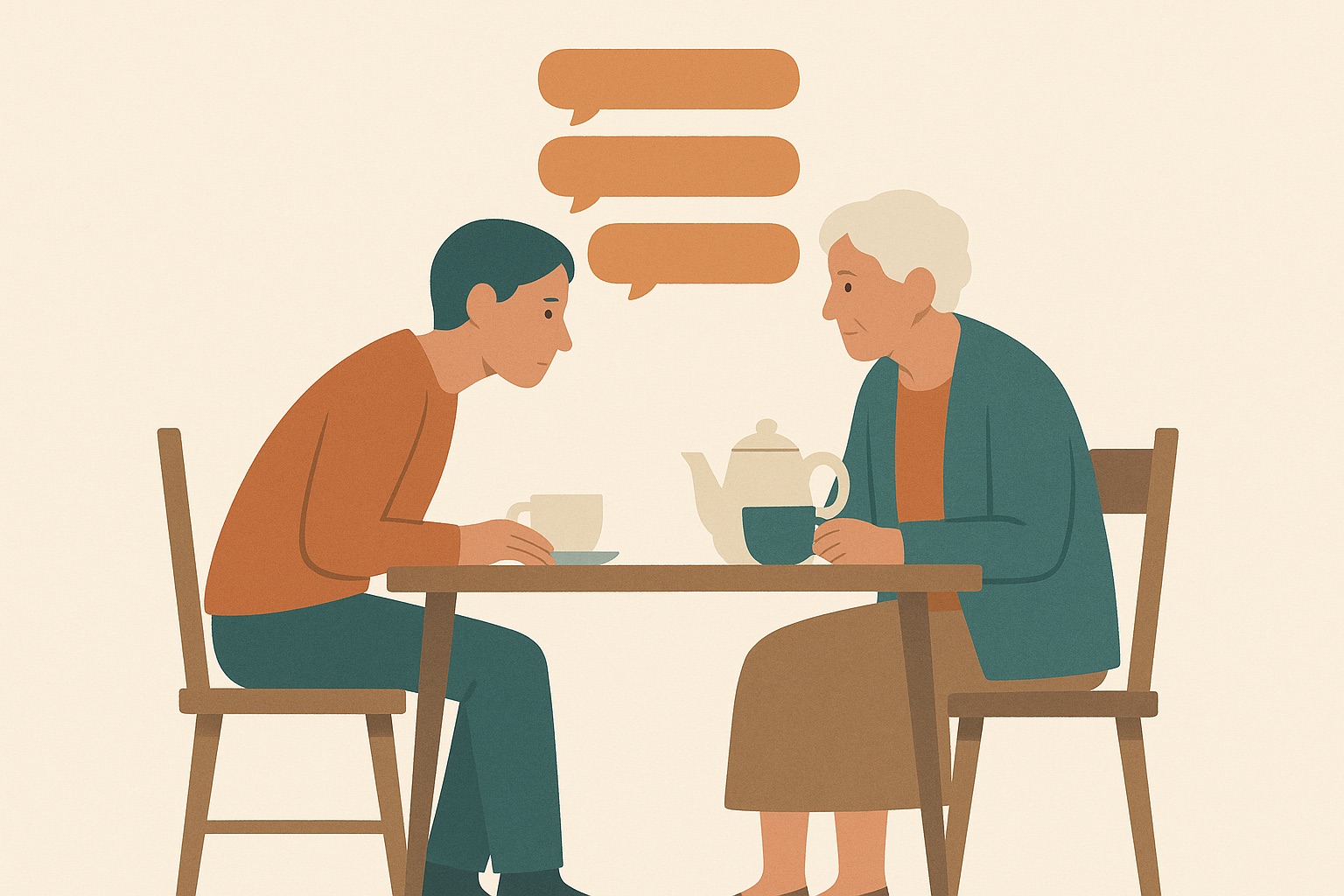 Illustration of two people at a kitchen table with three identical speech shapes above them, representing a question repeated within one conversation as an early sign of dementia.