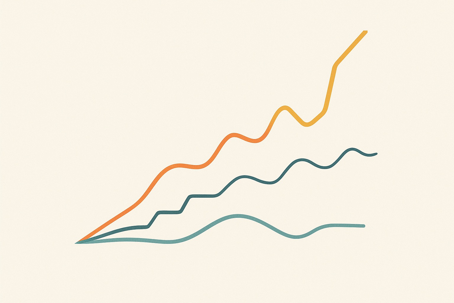 Illustration of four lines diverging from a single point in different patterns, representing the different types of dementia and their distinct courses.