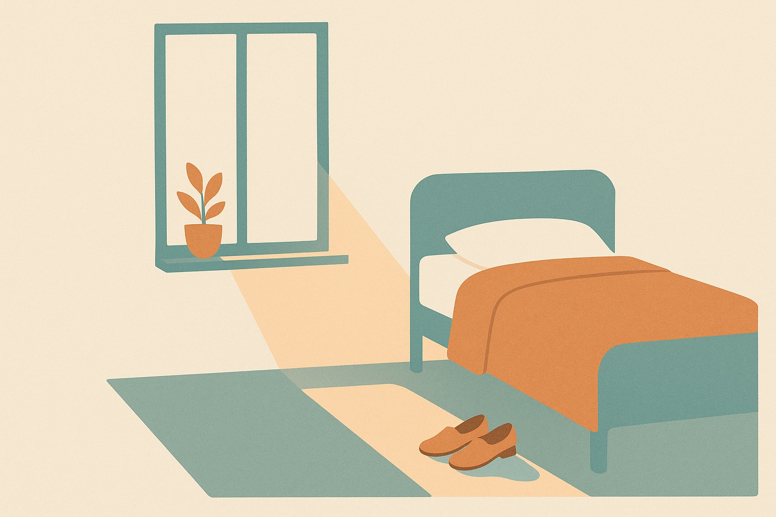 Illustration of morning light across a bed with shoes placed ready beside it, representing daily routine and daylight as natural supports for depression.