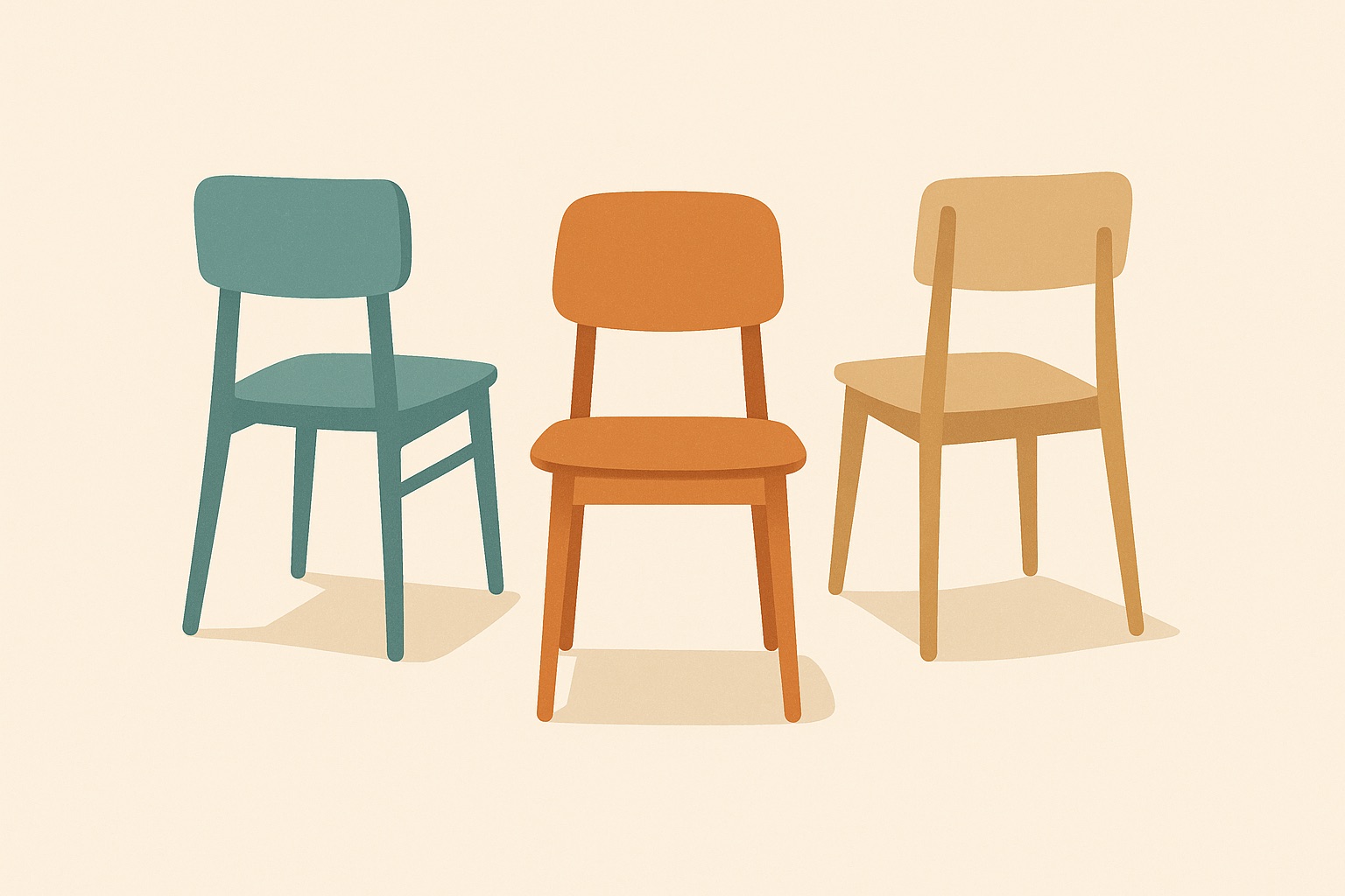 Illustration of three differently shaped chairs with one turned toward the viewer, representing finding the right therapist fit.