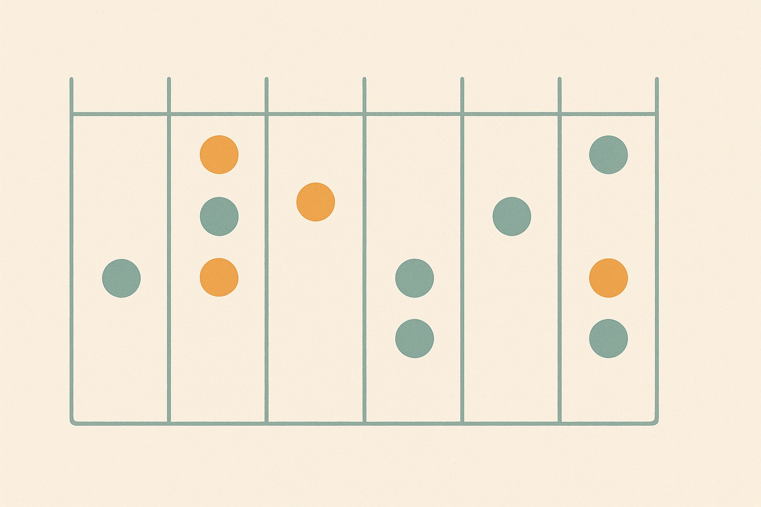 Illustration of a seven column weekly grid with unevenly distributed markers, representing managing depression across an inconsistent week.