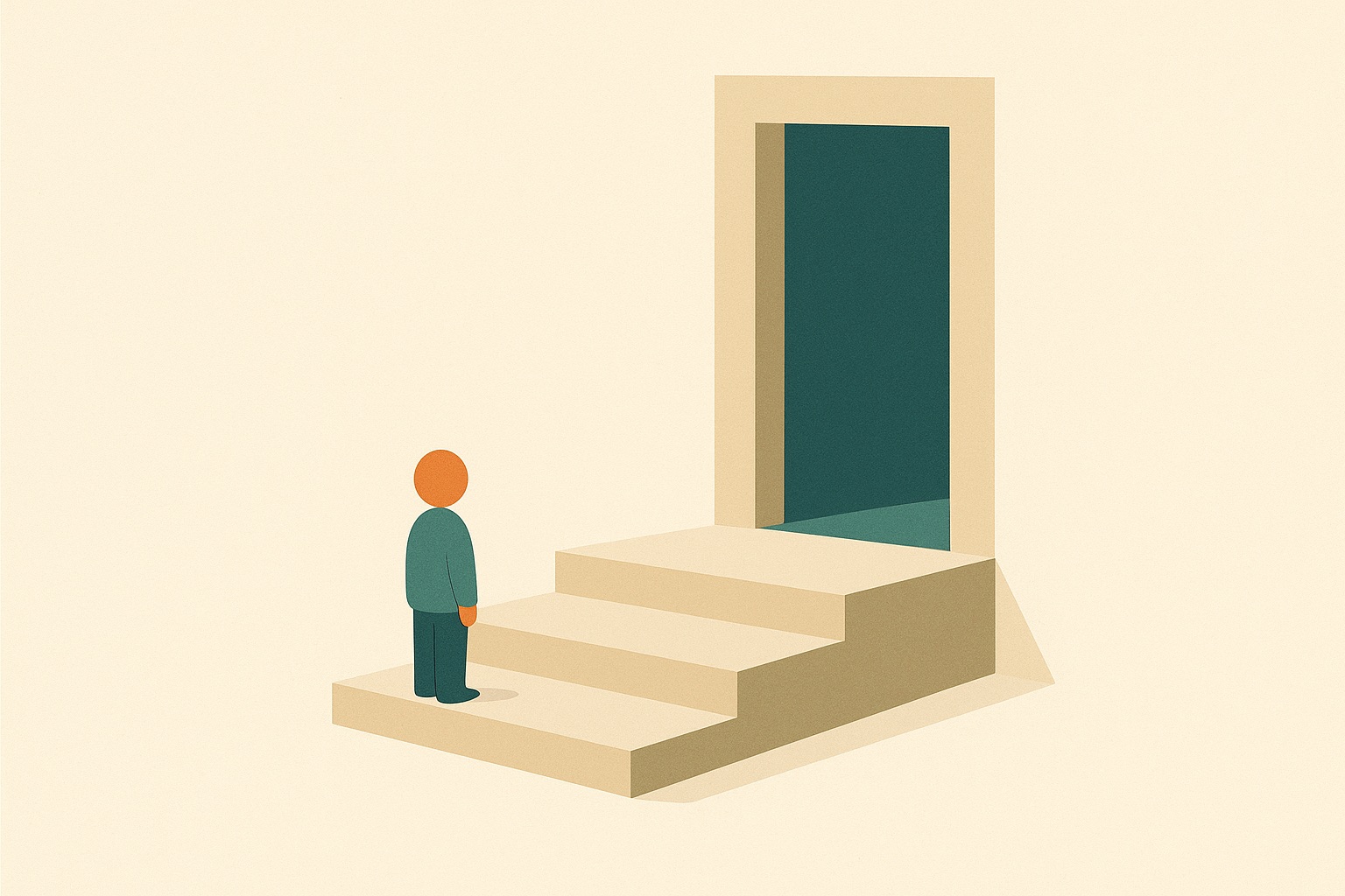 Illustration of a figure on the first of three very shallow steps, representing starting with the smallest possible action in depression.