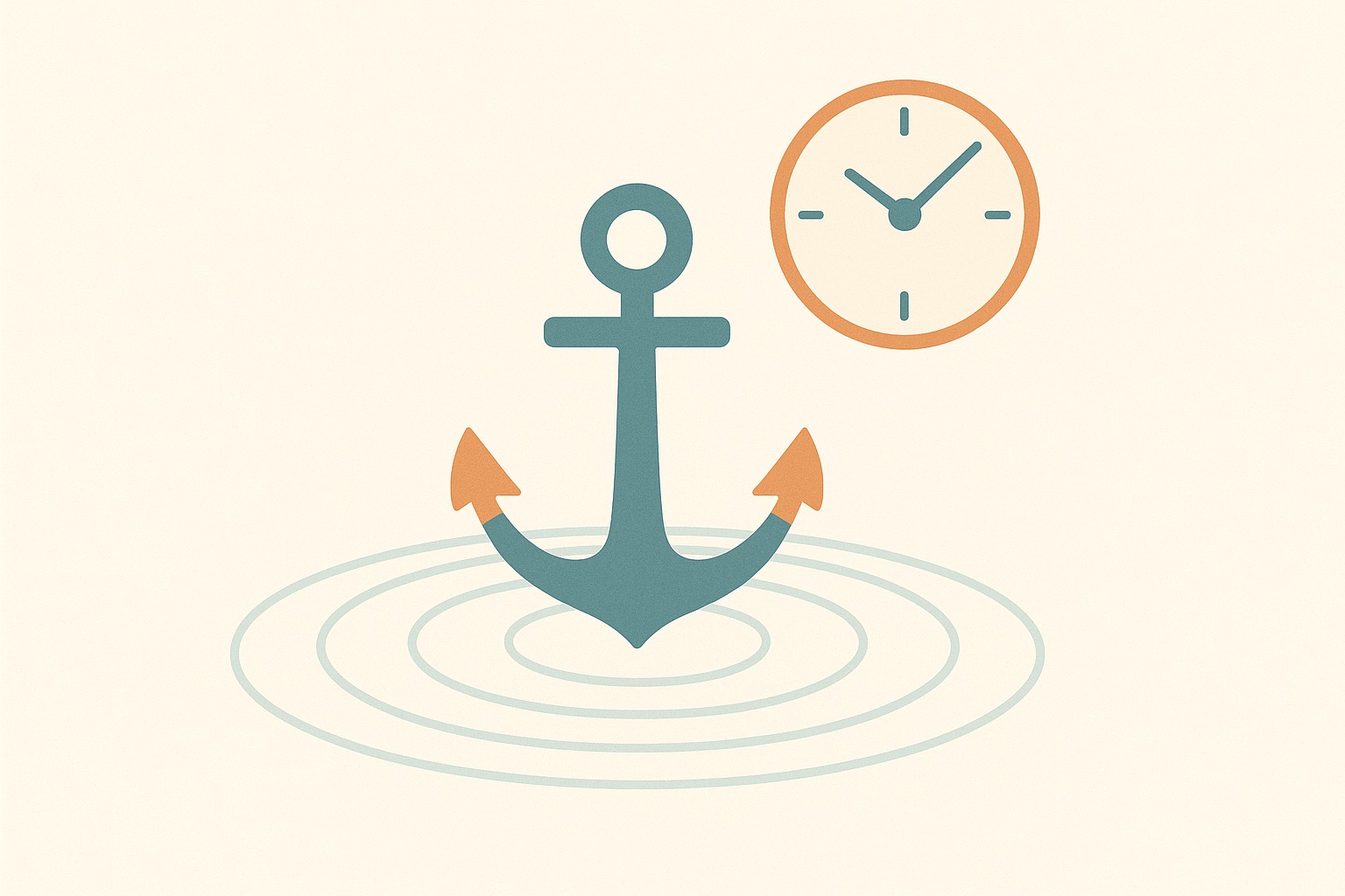 Illustration of a fixed anchor beside a clock with rings spreading outward, representing a consistent wake time as the anchor of a daily routine.
