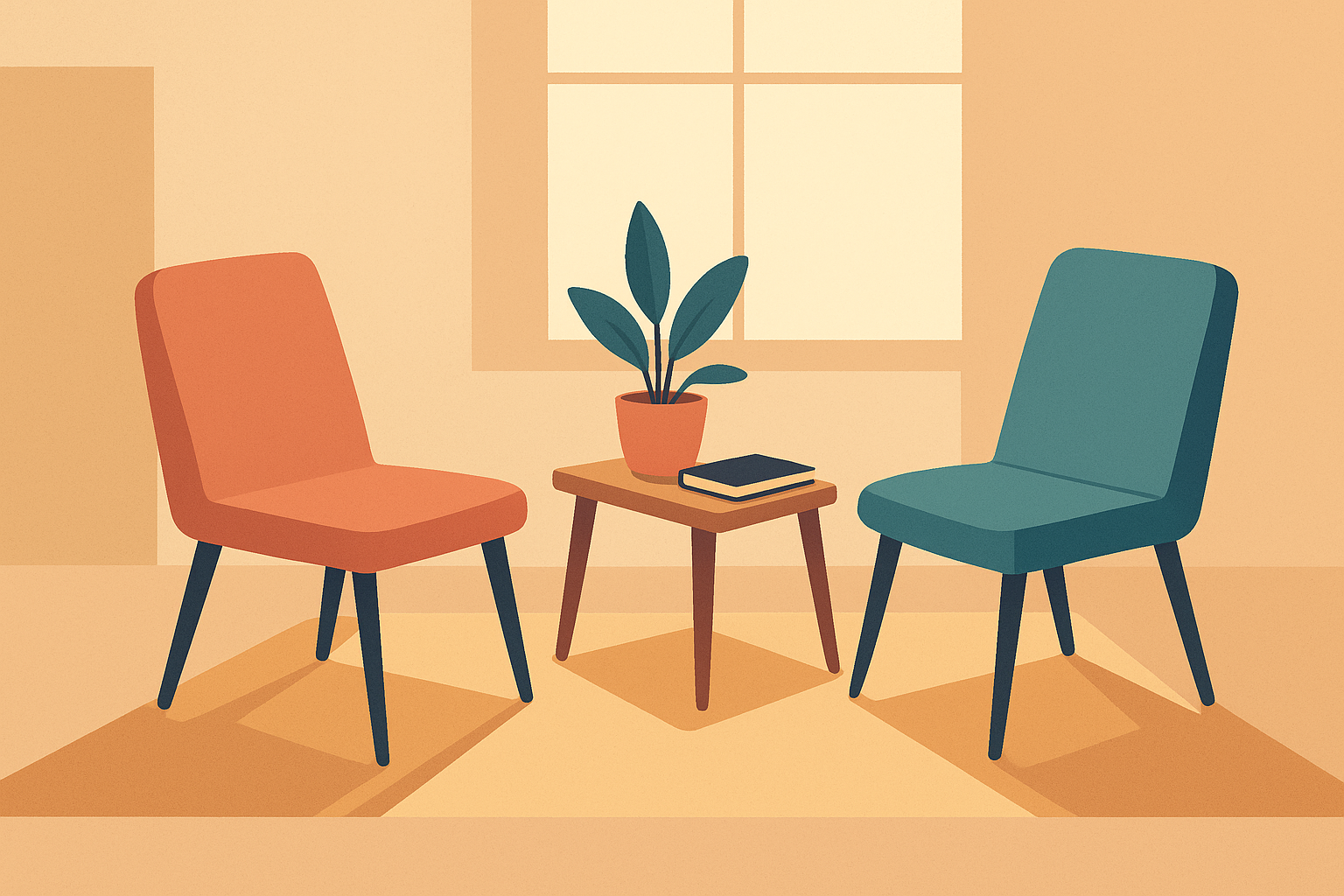 Illustration of two chairs turned toward each other beside a bright window, set up for a depression therapy session.