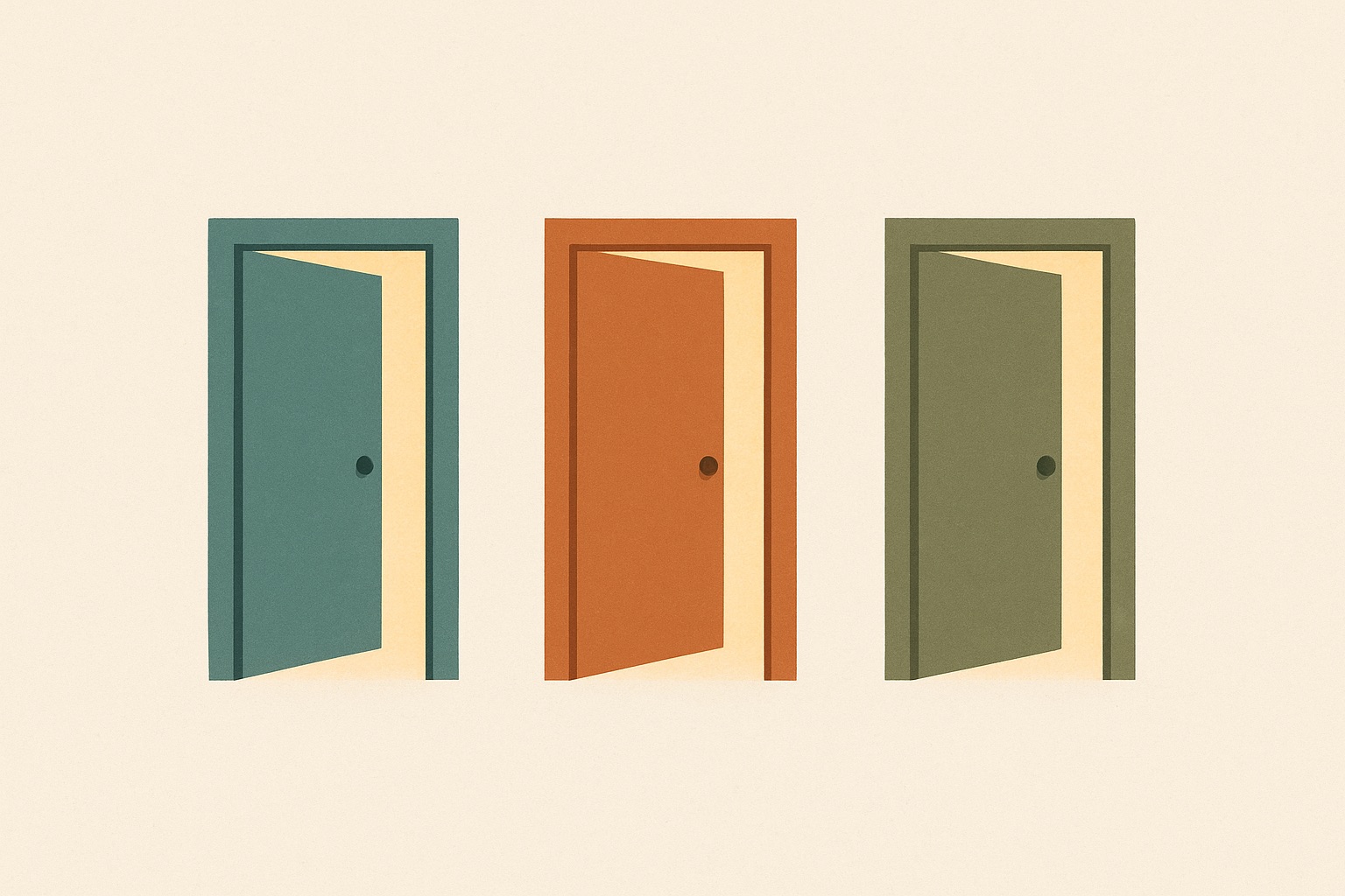 Illustration of three equally sized doors standing slightly open, representing the different treatment routes available for depression.