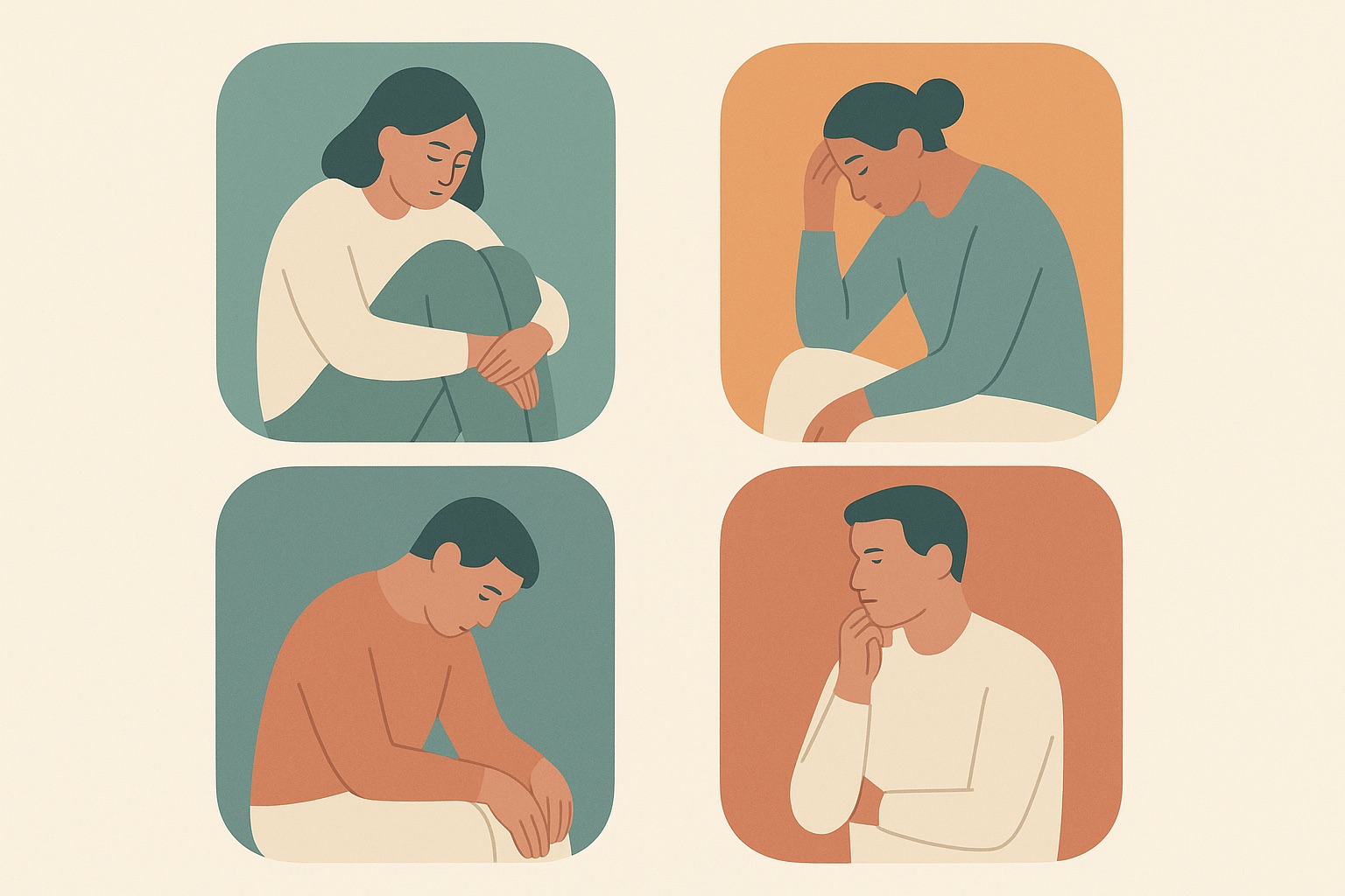 Illustration of four panels each showing a figure in a different posture, representing the different types of depression.