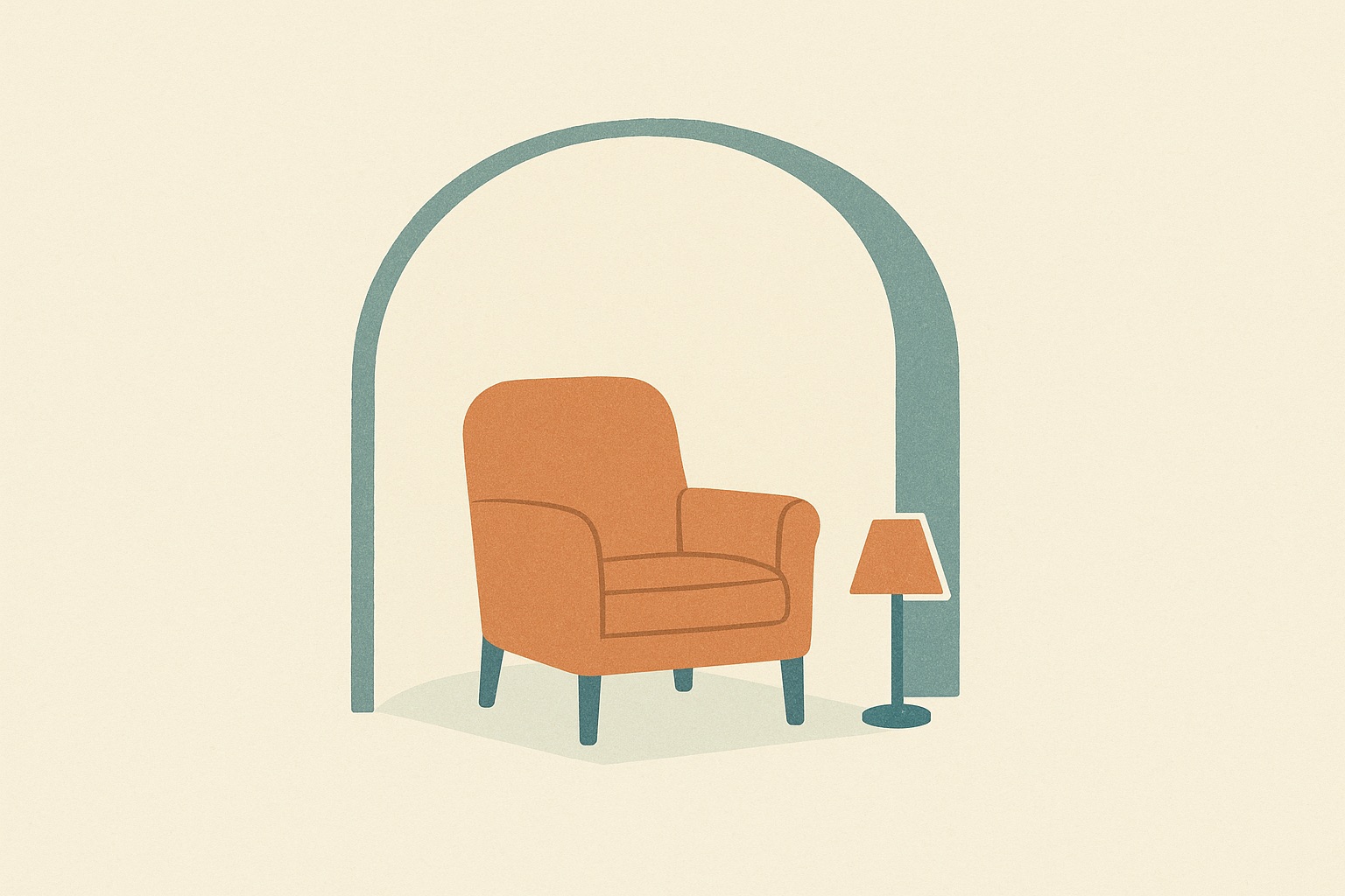 Illustration of a chair inside a soft protective enclosure with an open side, representing confidential domestic violence counseling.