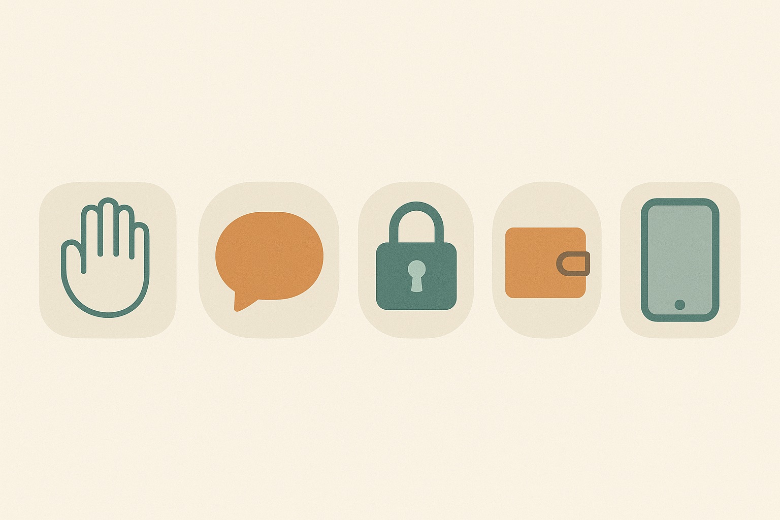 Illustration of five framed glyphs including a hand, a speech shape, a padlock, a wallet and a phone, representing the different forms domestic violence takes.