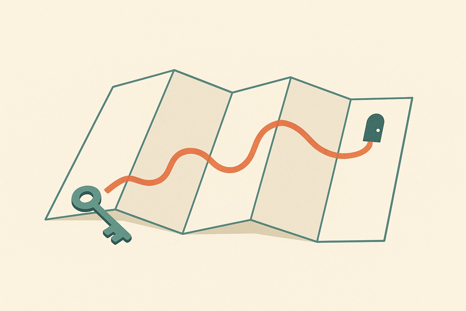 Illustration of a map with one route marked leading to a door, and a key resting on it, representing safety planning in domestic violence counseling.
