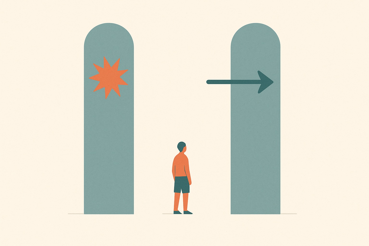 Illustration of a figure standing in the widening gap between a spark and an arrow, representing the space between feeling angry and acting on it.