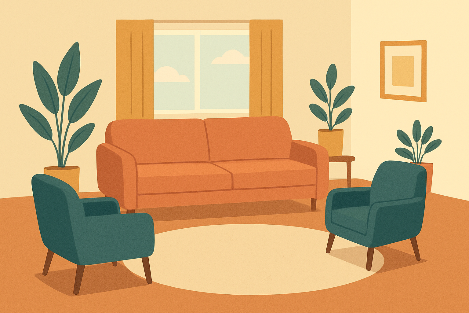 Illustration of a warm family counseling room with a sofa and armchairs arranged in a circle.